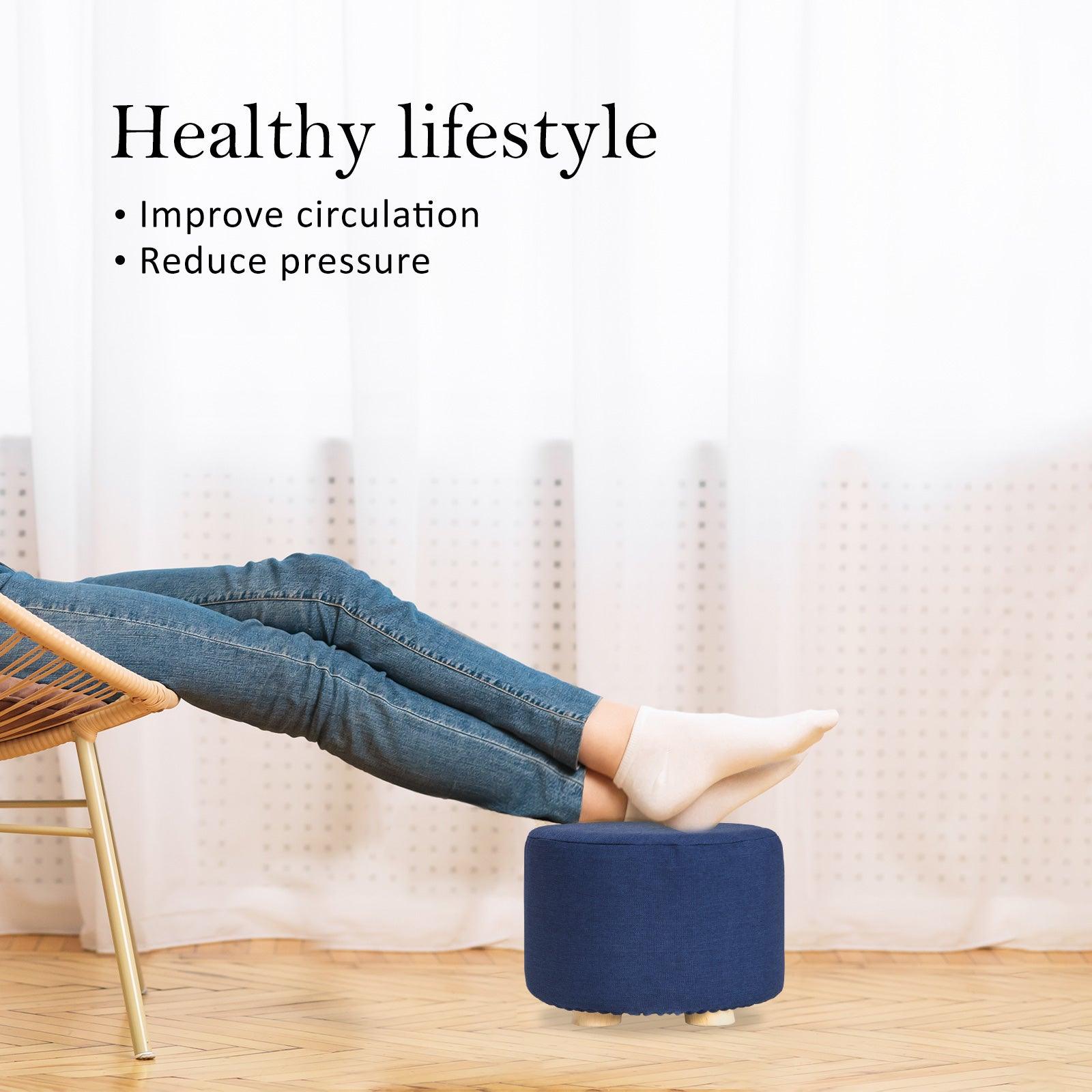 2X Fabric Ottoman Round Wooden Leg Foot Stool - DARK BLUE - Harrogates