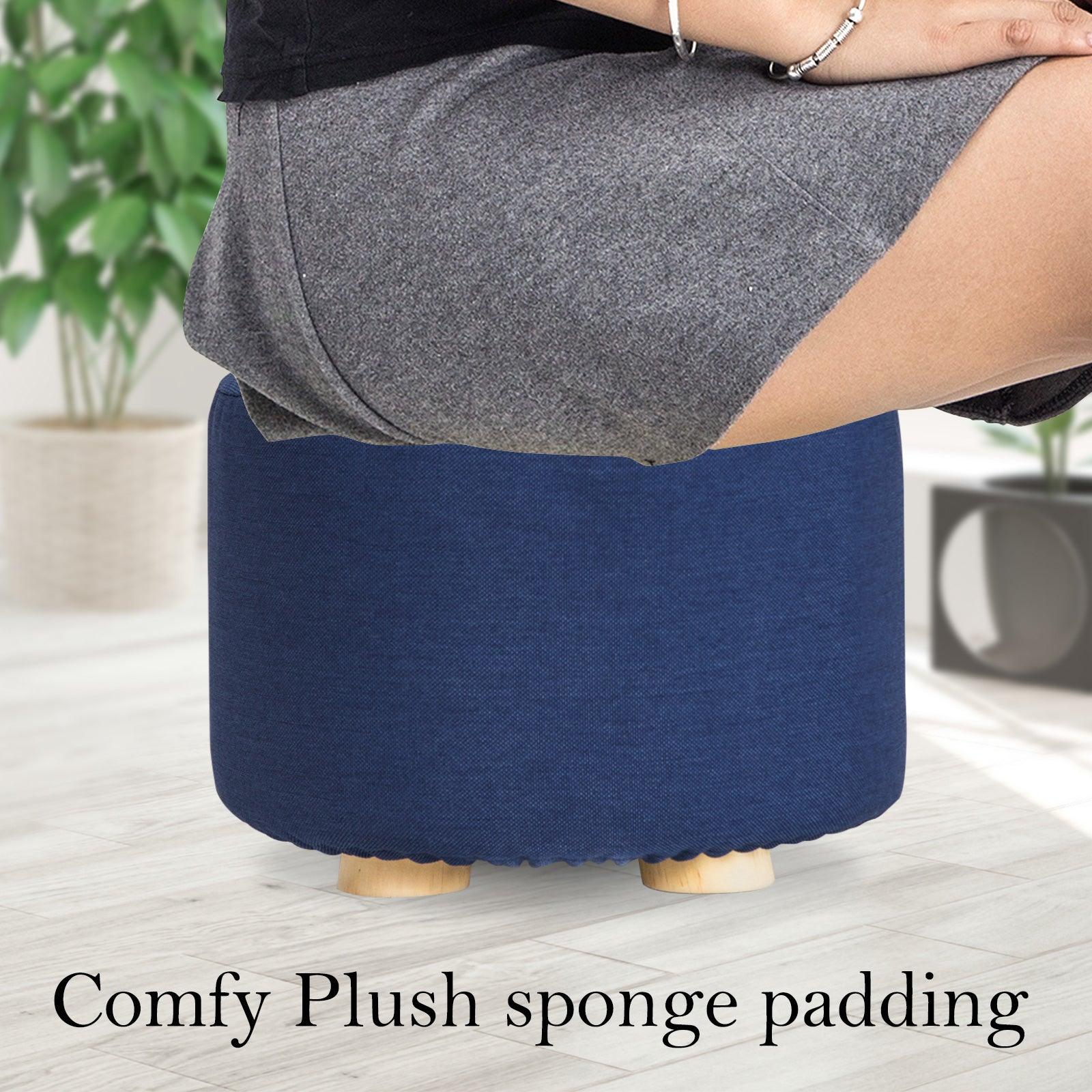 2X Fabric Ottoman Round Wooden Leg Foot Stool - DARK BLUE - Harrogates