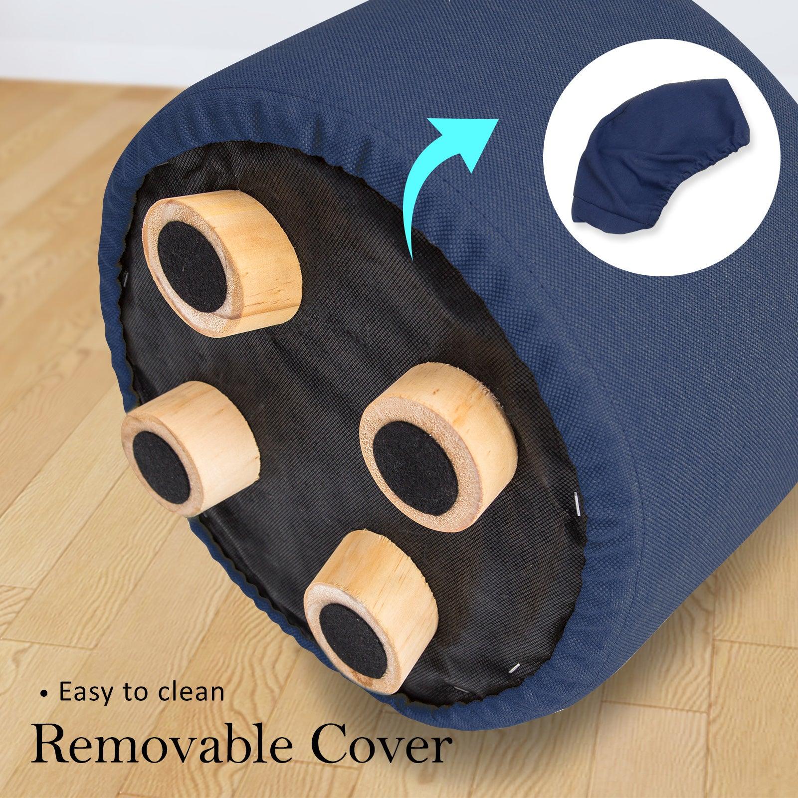 2X Fabric Ottoman Round Wooden Leg Foot Stool - DARK BLUE - Harrogates