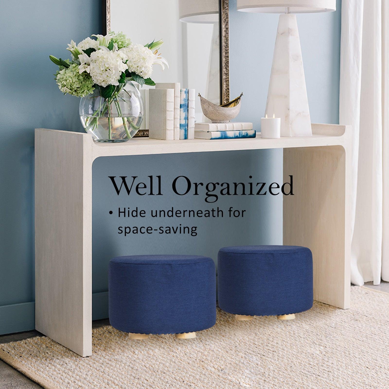 2X Fabric Ottoman Round Wooden Leg Foot Stool - DARK BLUE - Harrogates