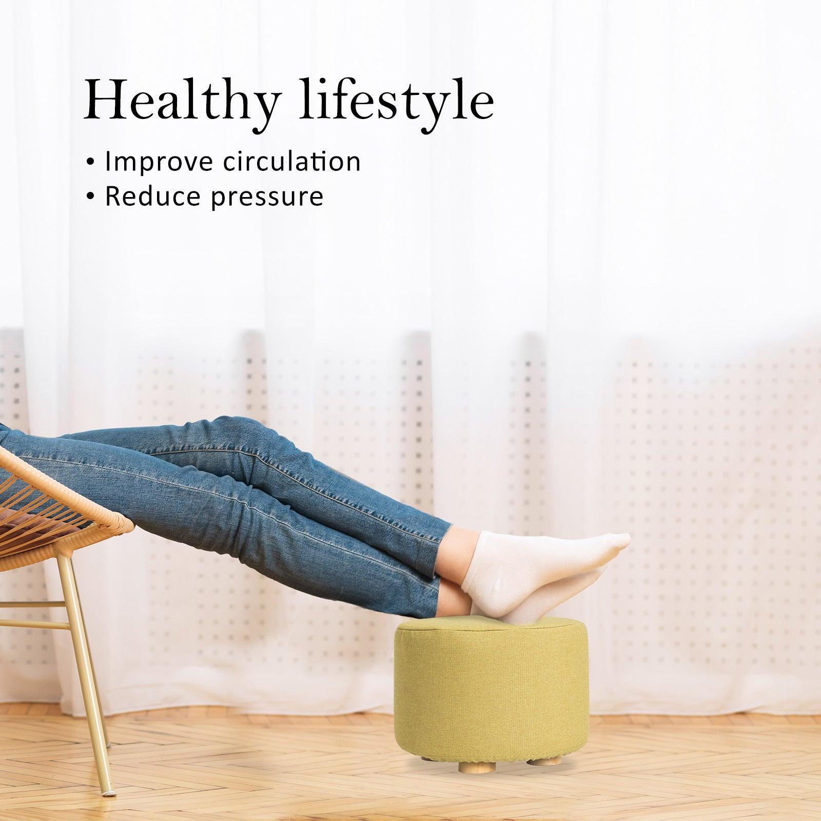 2X Fabric Ottoman Round Wooden Leg Foot Stool - Mustard Yellow - Harrogates