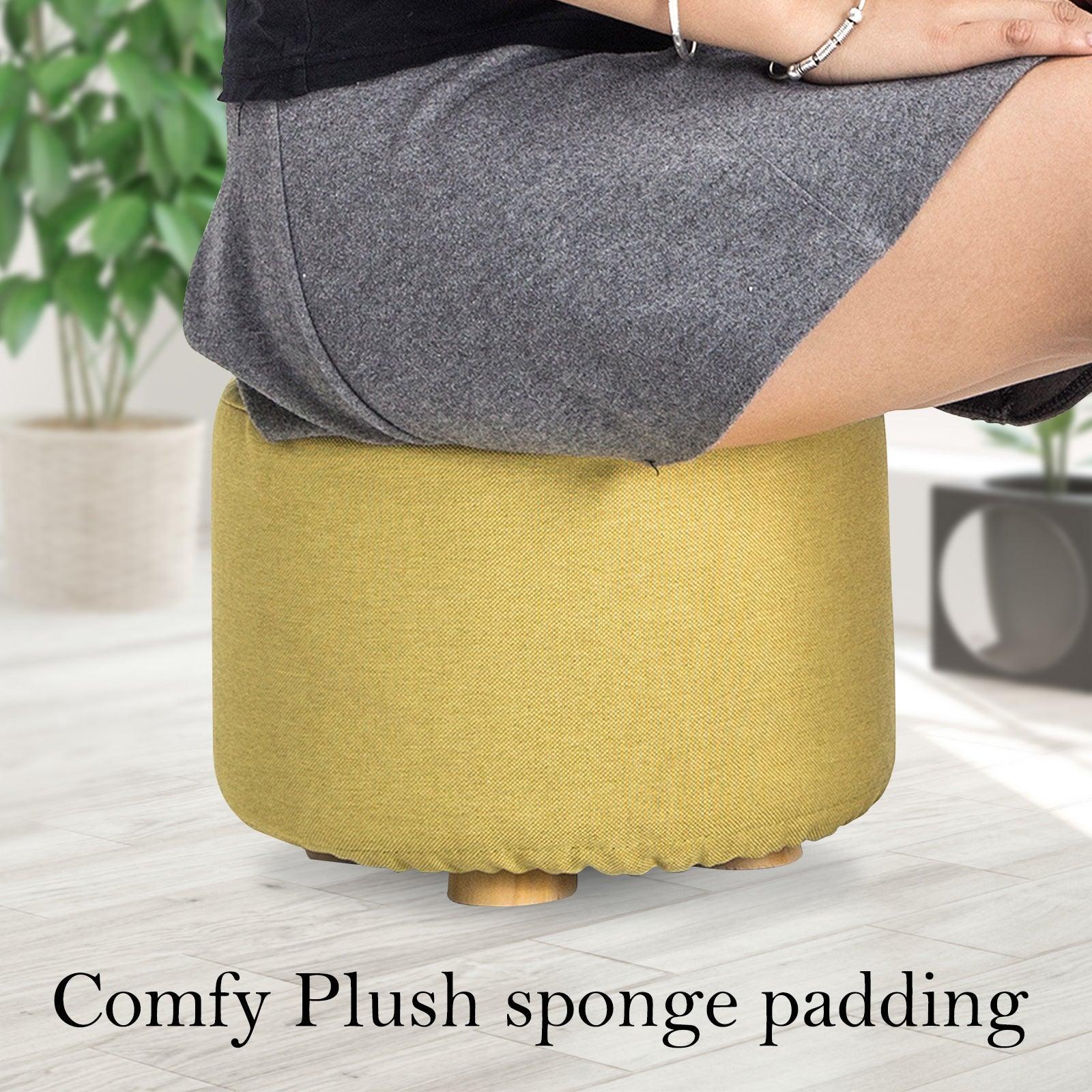 2X Fabric Ottoman Round Wooden Leg Foot Stool - Mustard Yellow - Harrogates