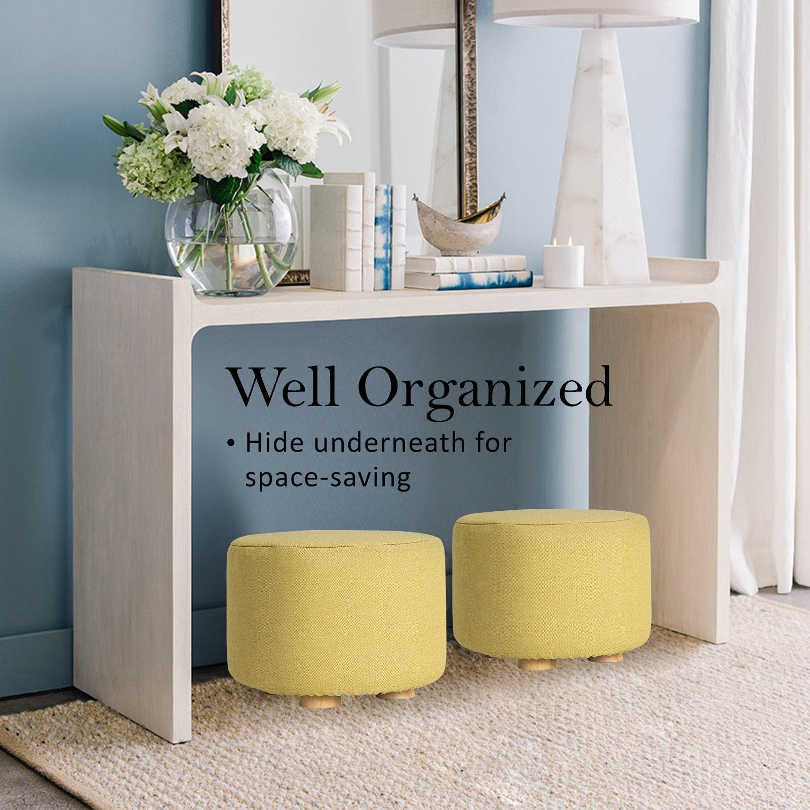 2X Fabric Ottoman Round Wooden Leg Foot Stool - Mustard Yellow - Harrogates