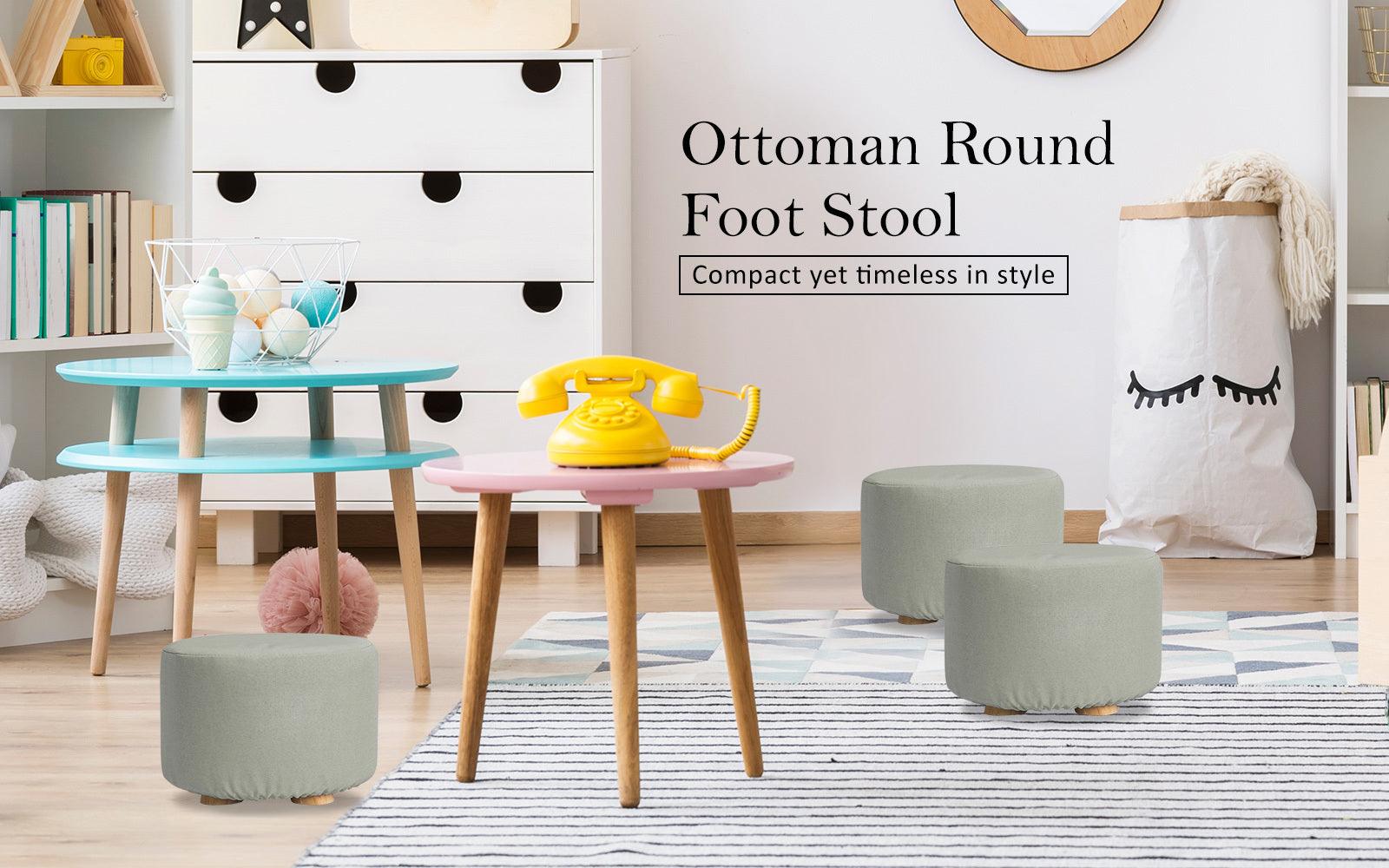 2X Fabric Ottoman Round Wooden Leg Foot Stool - GREY - Harrogates
