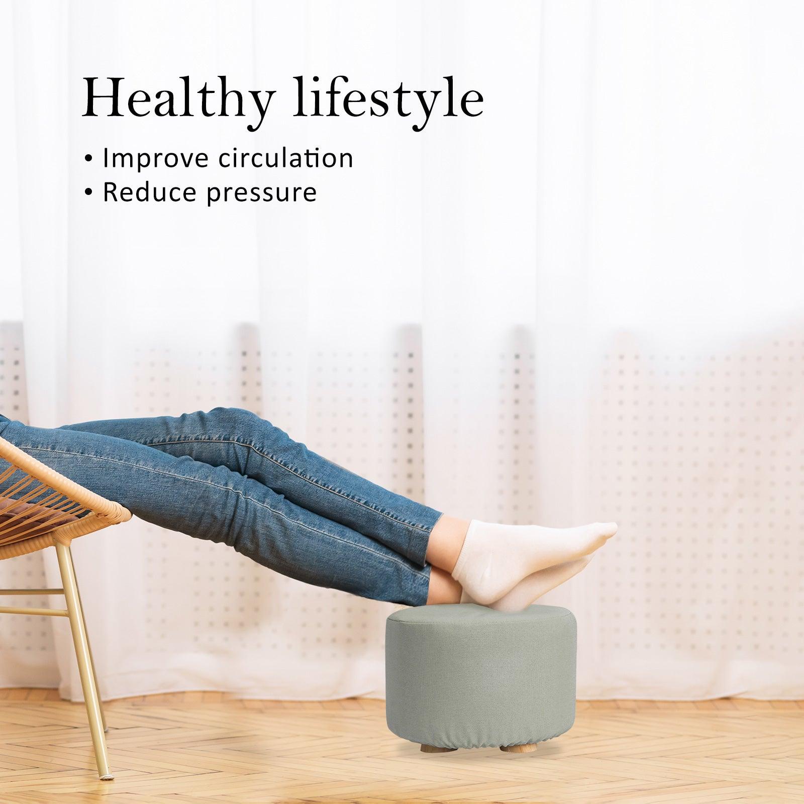 2X Fabric Ottoman Round Wooden Leg Foot Stool - GREY - Harrogates