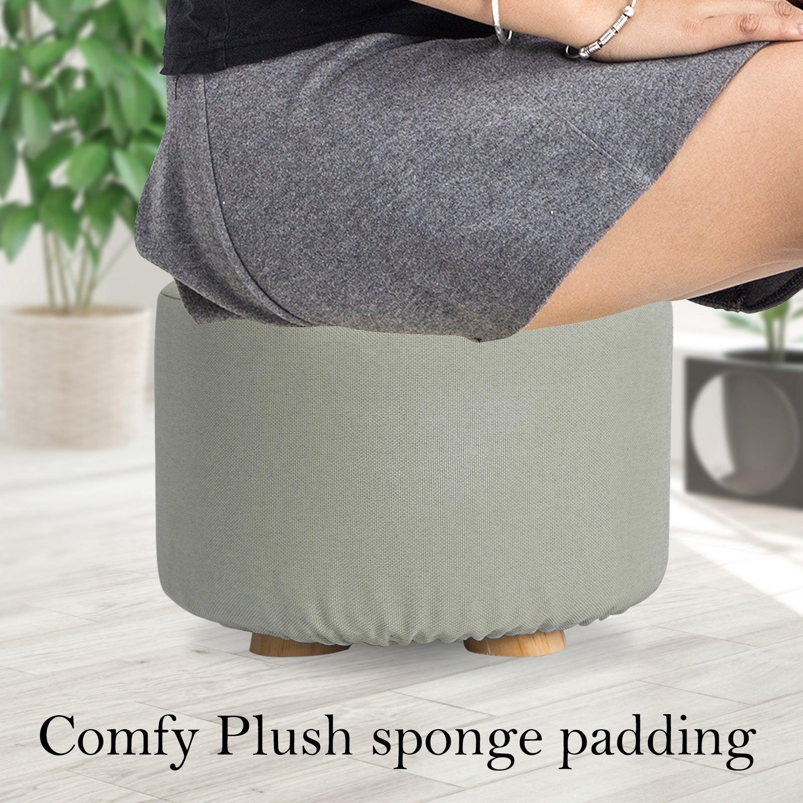 2X Fabric Ottoman Round Wooden Leg Foot Stool - GREY - Harrogates