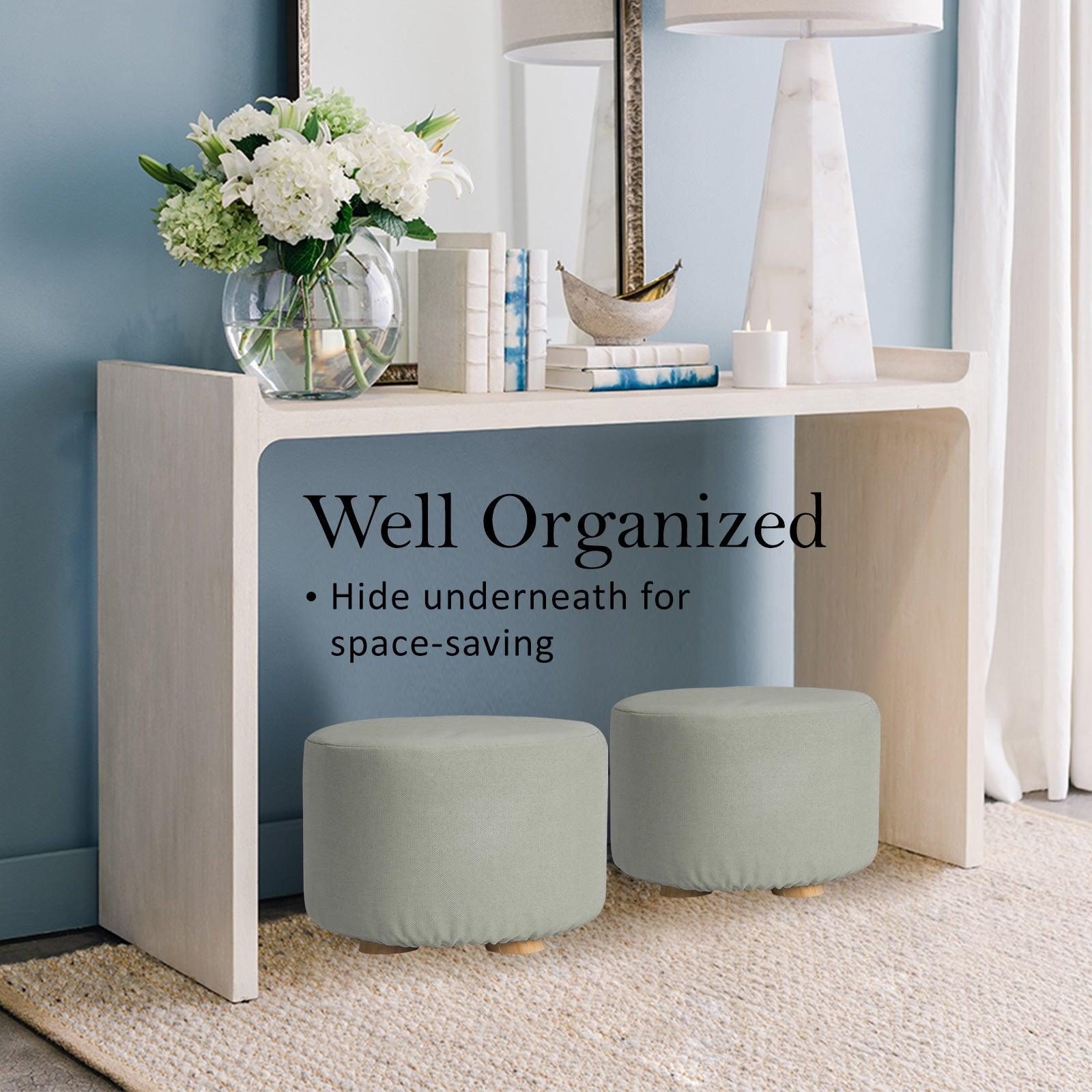 2X Fabric Ottoman Round Wooden Leg Foot Stool - GREY - Harrogates