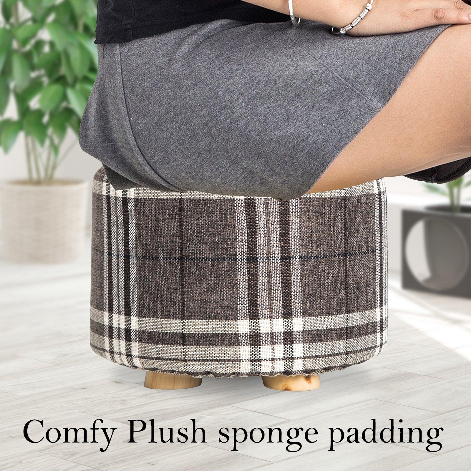 2X Fabric Ottoman Round Wooden Leg Foot Stool - LATTICE - Harrogates