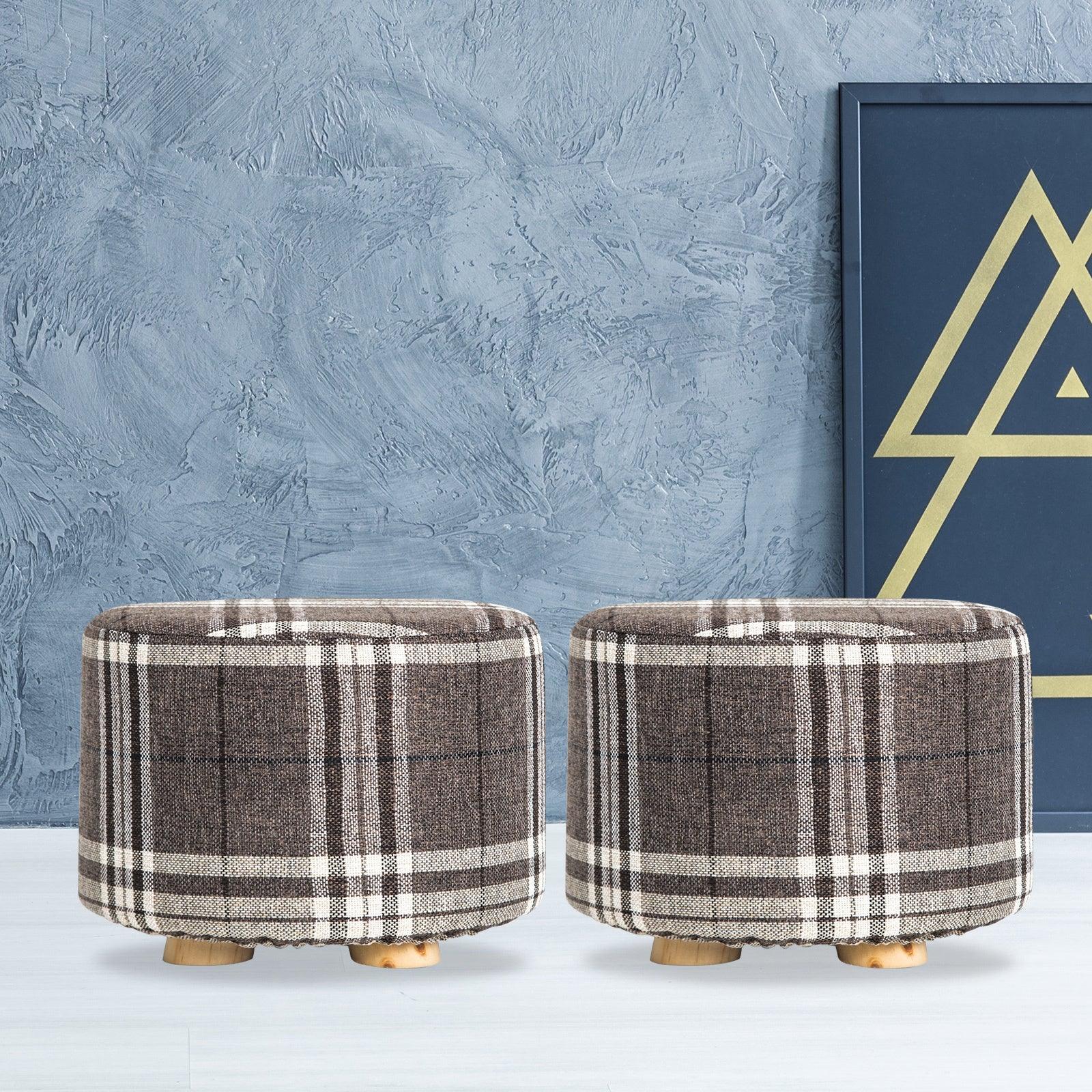 2X Fabric Ottoman Round Wooden Leg Foot Stool - LATTICE - Harrogates