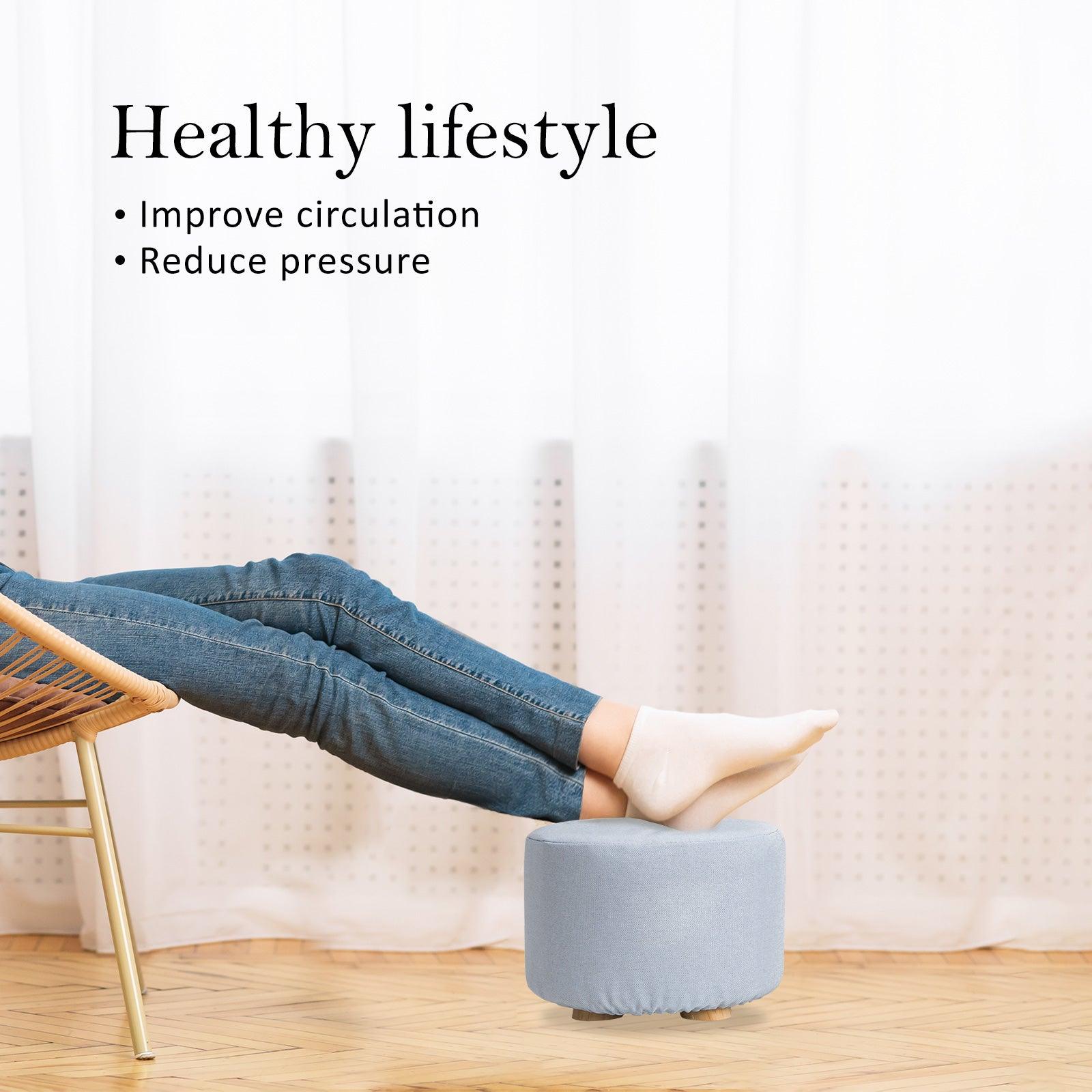Fabric Ottoman Round Wooden Leg Foot Stool - LIGHT BLUE - Harrogates