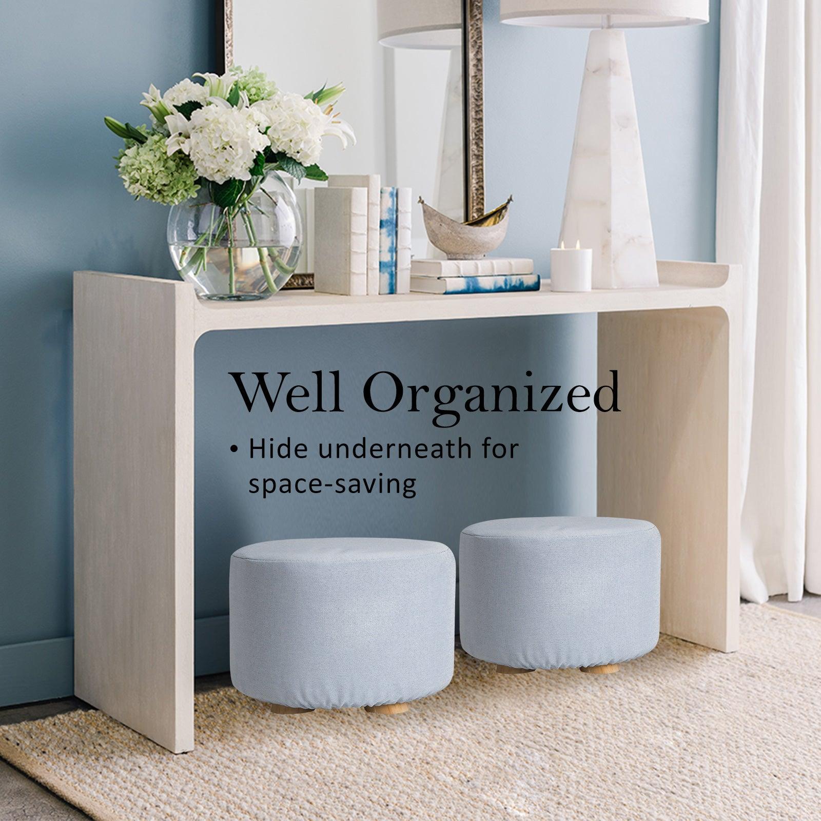 Fabric Ottoman Round Wooden Leg Foot Stool - LIGHT BLUE - Harrogates