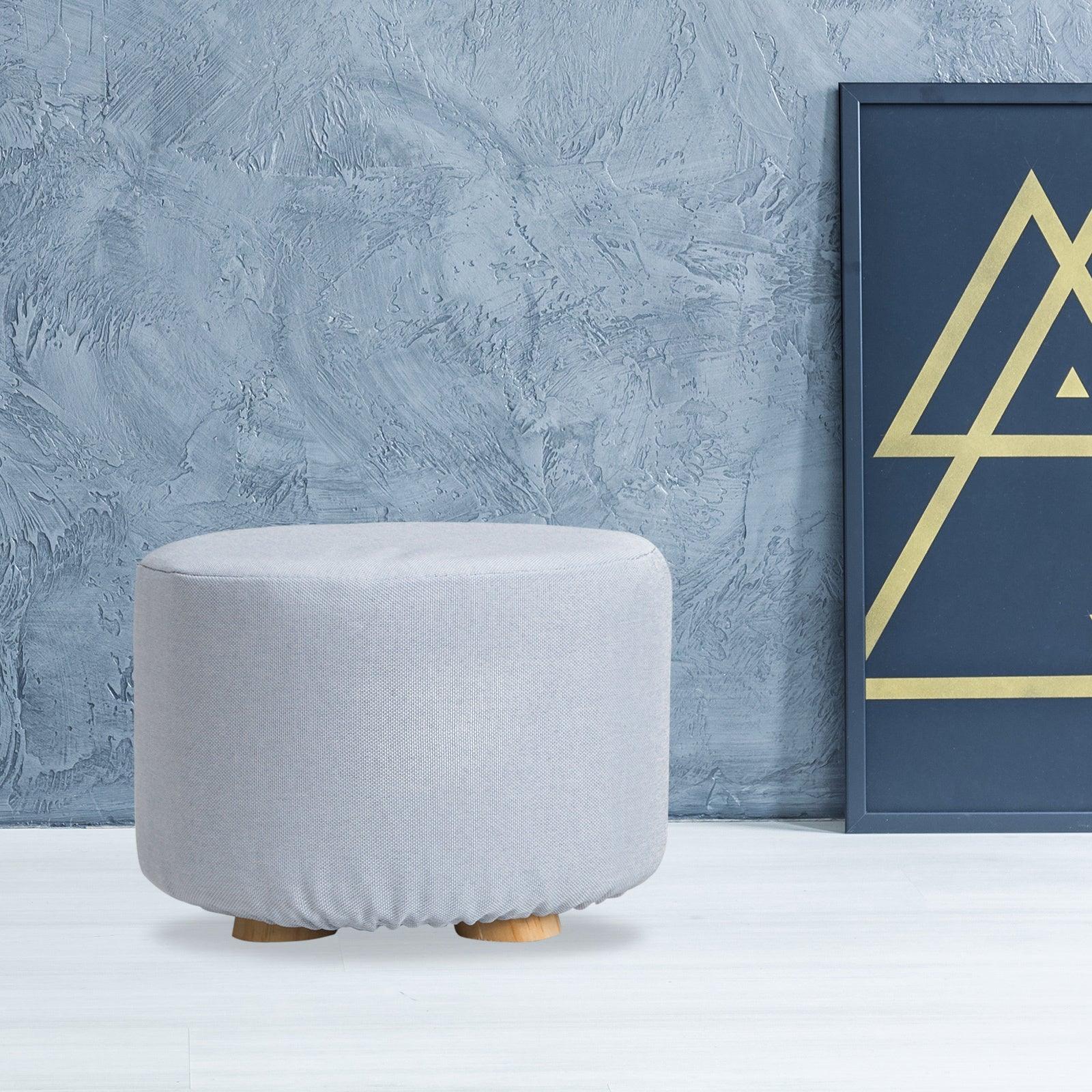 Fabric Ottoman Round Wooden Leg Foot Stool - LIGHT BLUE - Harrogates