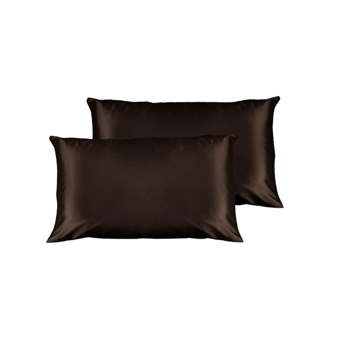 Pair of Satin Standard Pillowcases Chocolate 48 x 73 cm x 15cm (Flap) - Harrogates