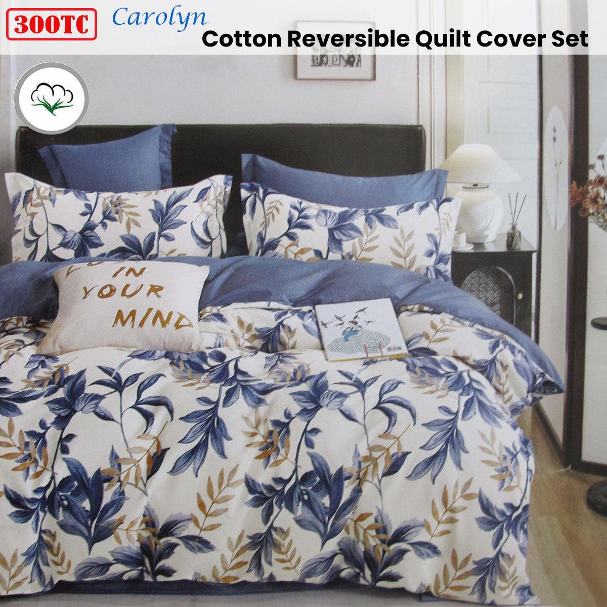 300TC Carolyn Blue Reversible Cotton Quilt Cover Set Queen - Harrogates