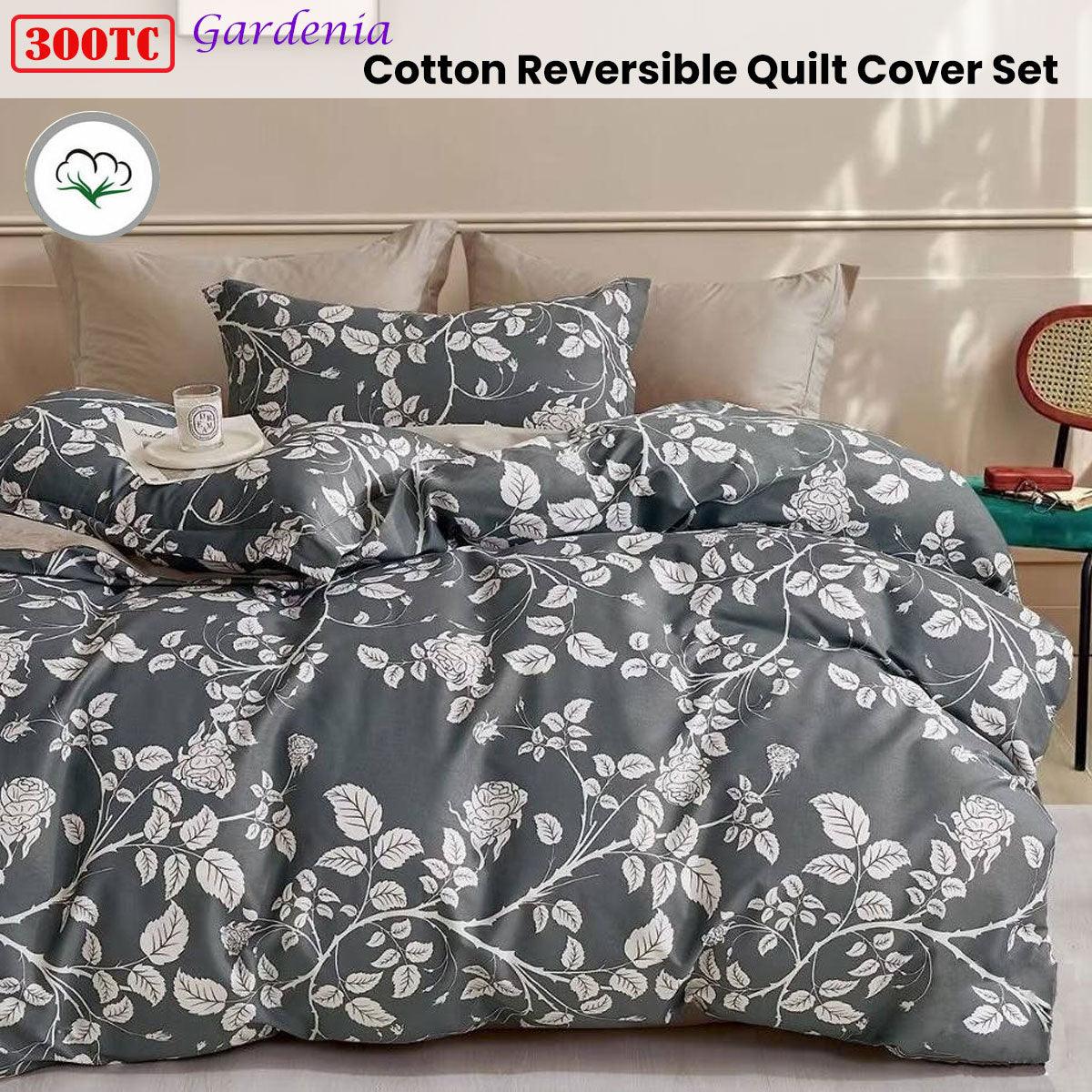 300TC Gardenia Charcoal Reversible Cotton Quilt Cover Set Queen - Harrogates