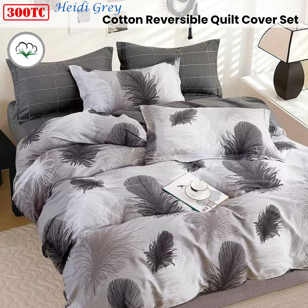 300TC Heidi Grey Reversible Cotton Quilt Cover Set Queen - Harrogates