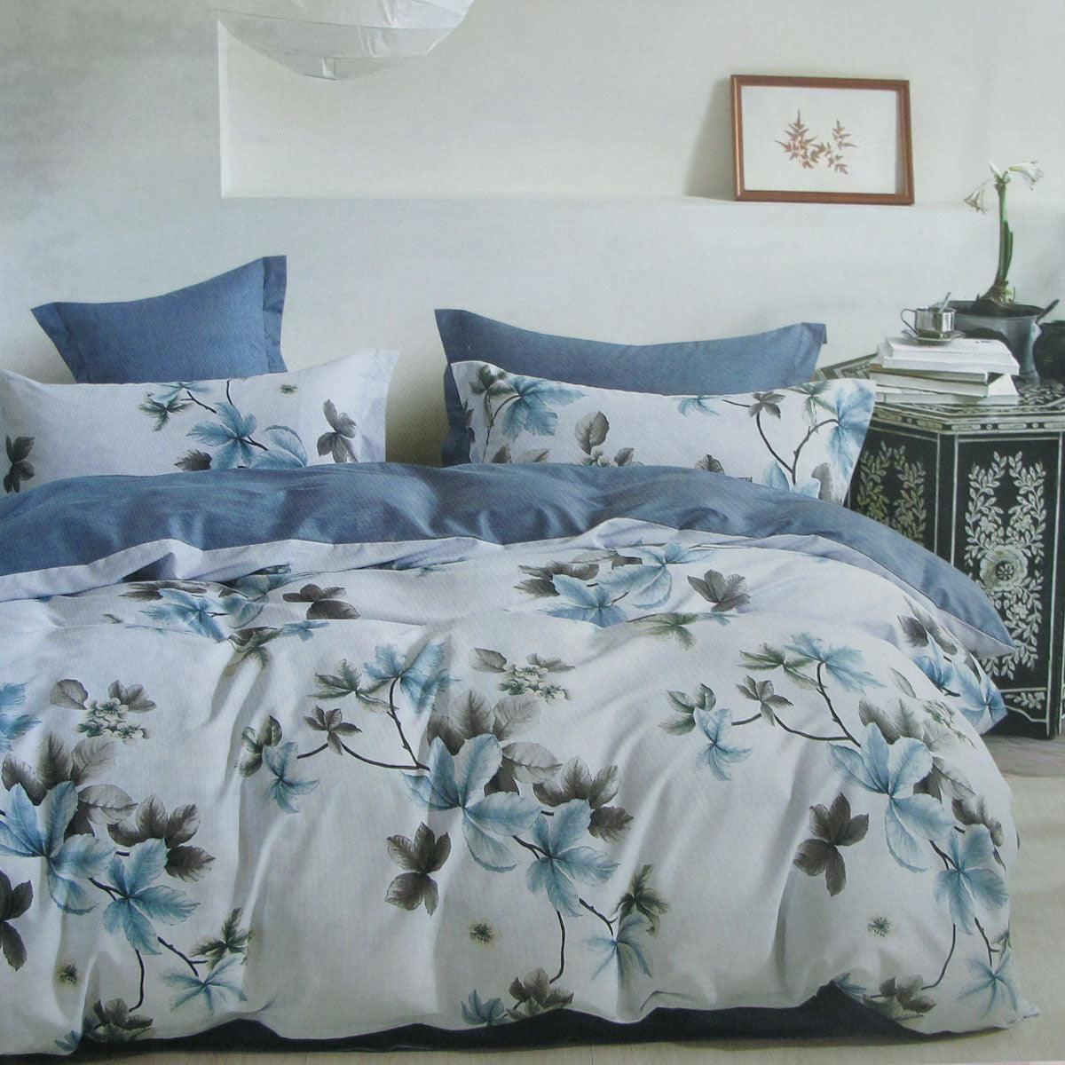 300TC Milla Blue Reversible Cotton Quilt Cover Set Queen - Harrogates