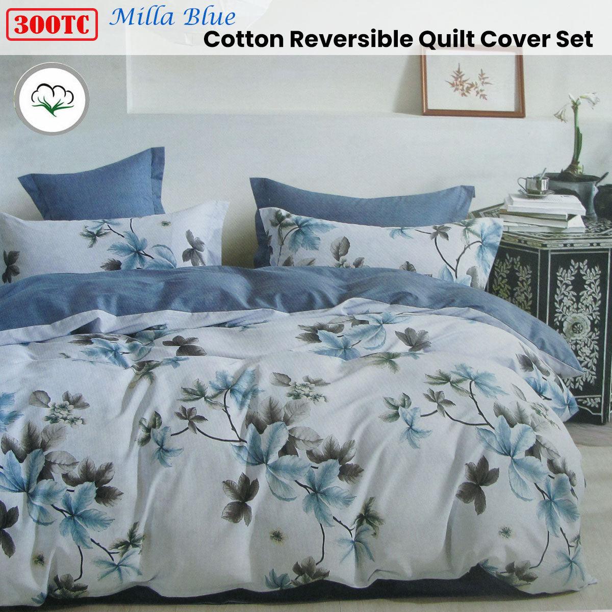 300TC Milla Blue Reversible Cotton Quilt Cover Set Queen - Harrogates