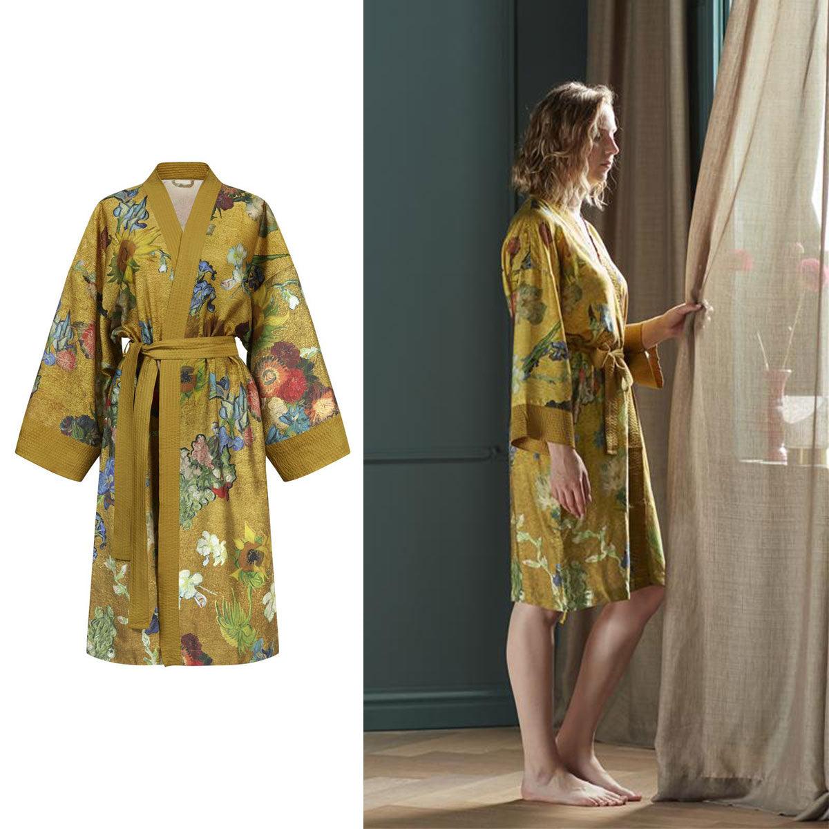 Bedding House Van Gogh Partout des Fleurs Gold Kimono Bath Robe Large/Extra Large - Harrogates