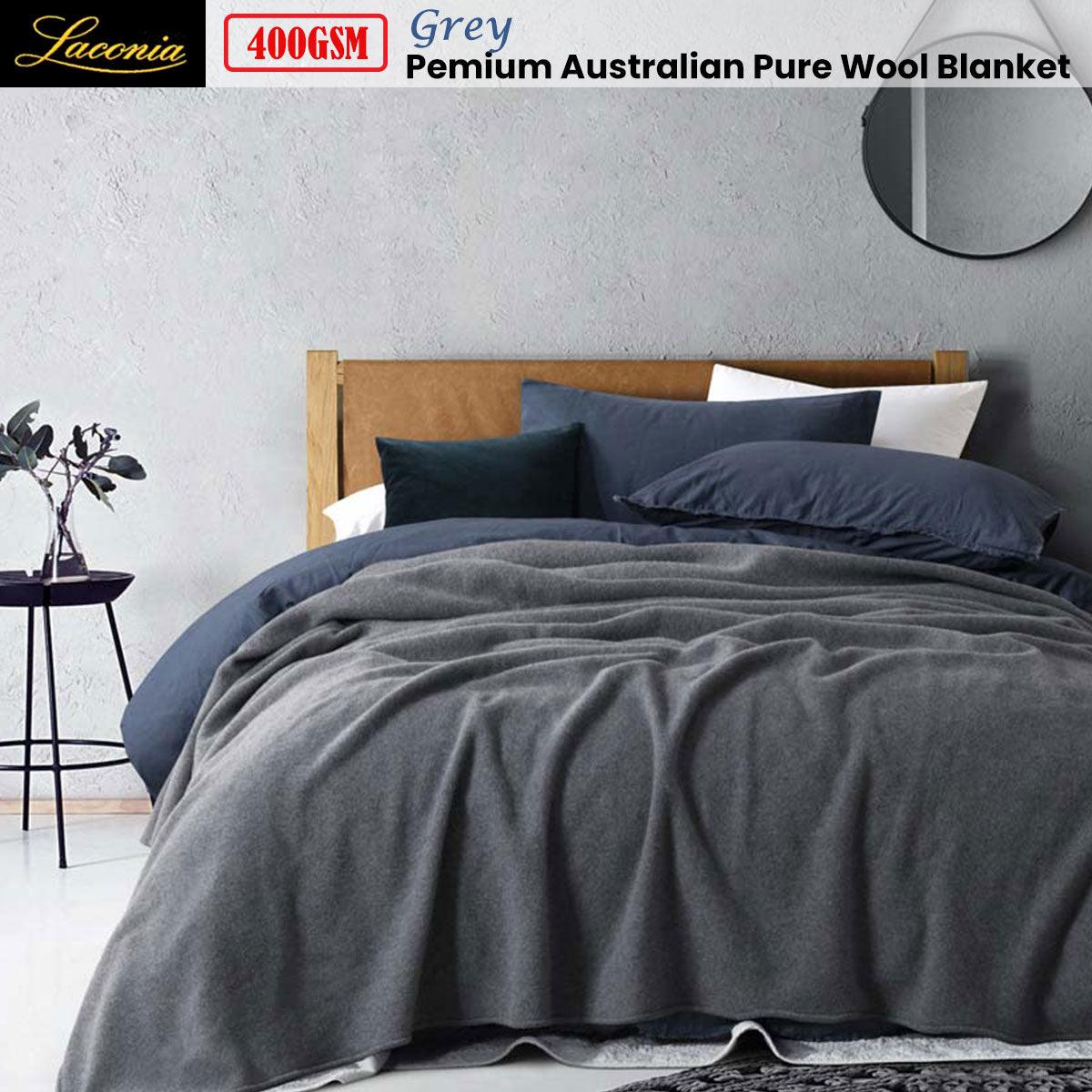 Laconia 400GSM Premium Australian Pure Wool Blanket Grey Single - Harrogates