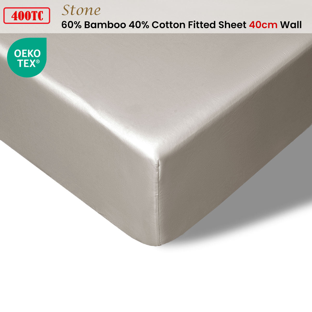 Accessorize 400TC Stone Bamboo Cotton Fitted Sheet 40cm Wall Queen - Harrogates