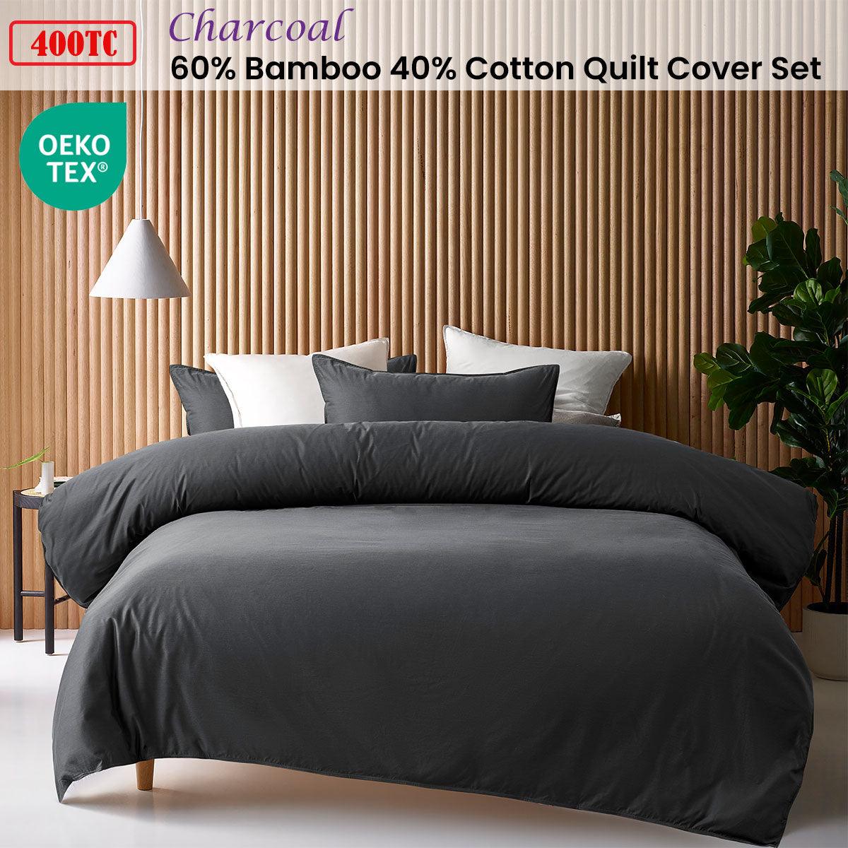 Accessorize Charcoal 400TC Charcoal Bamboo Cotton Double Stitched Quilt Cover Set Super King - Harrogates