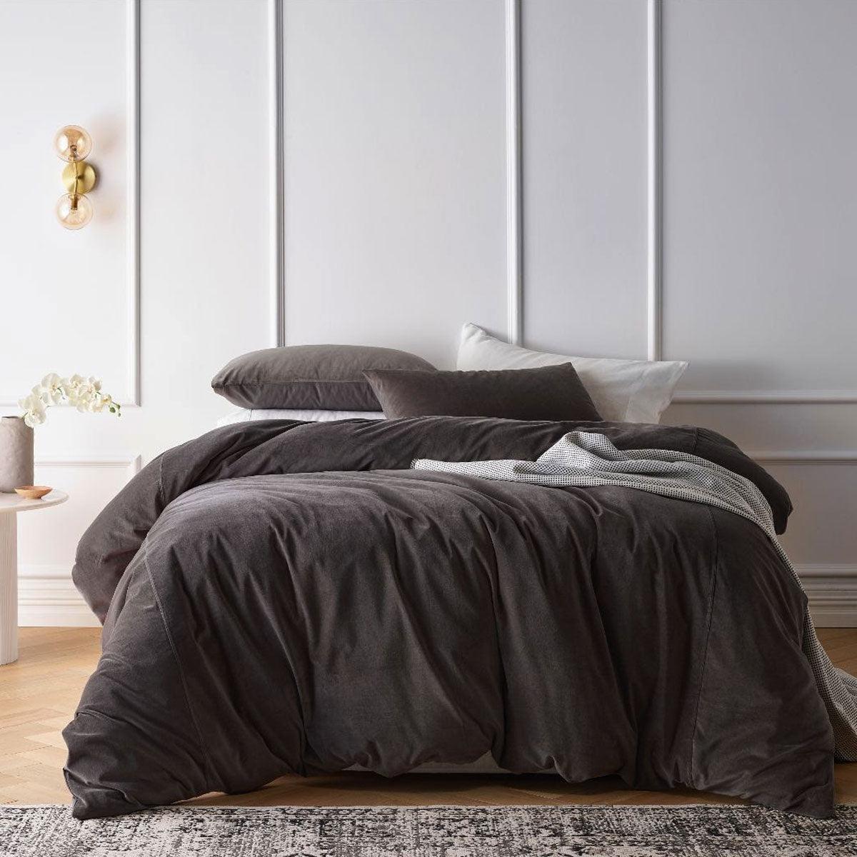 Vintage Design Homewares Cotton Velvet Quilt Cover Set Storm Grey Queen - Harrogates