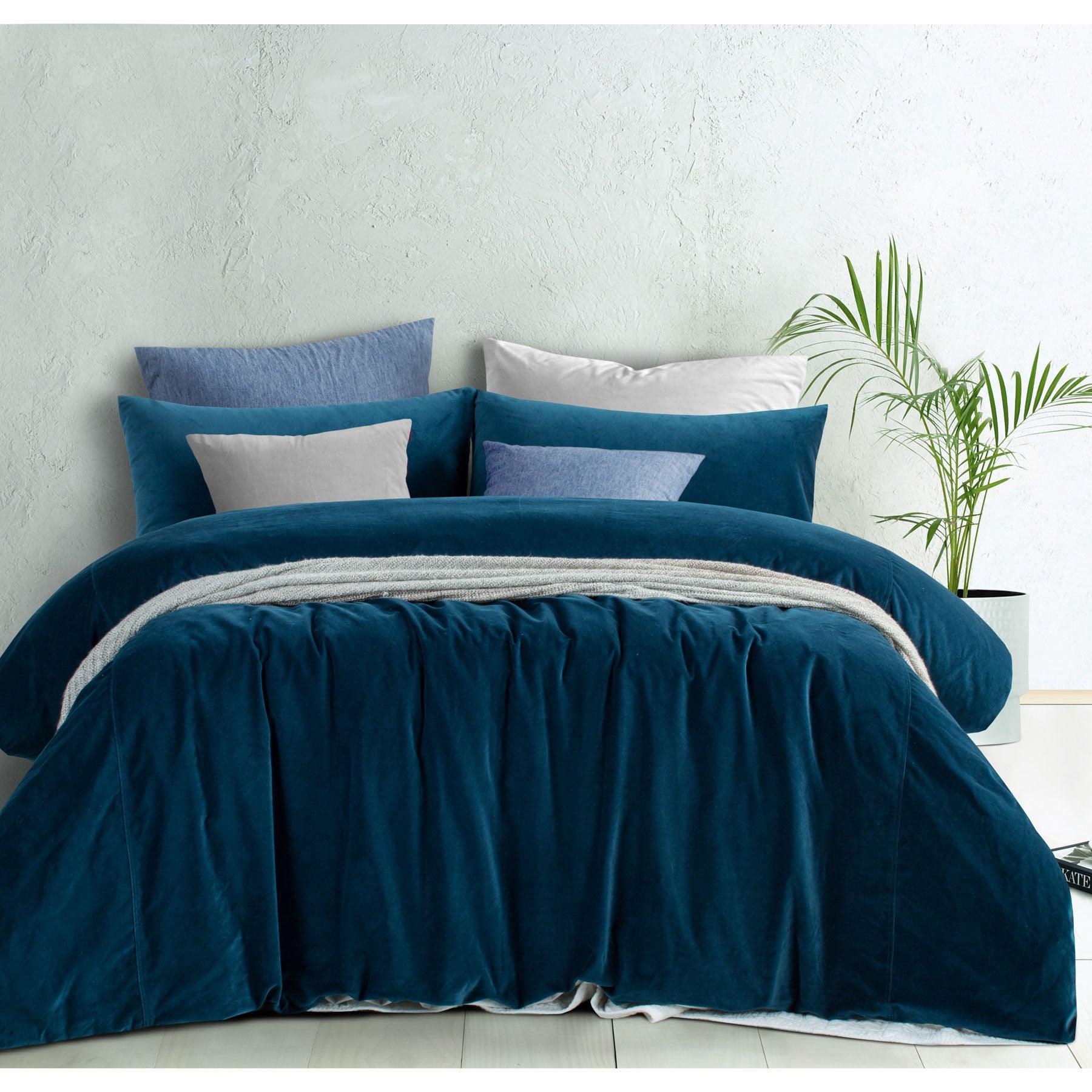 Vintage Design Homewares Cotton Velvet Quilt Cover Set Riverland Blue Queen - Harrogates