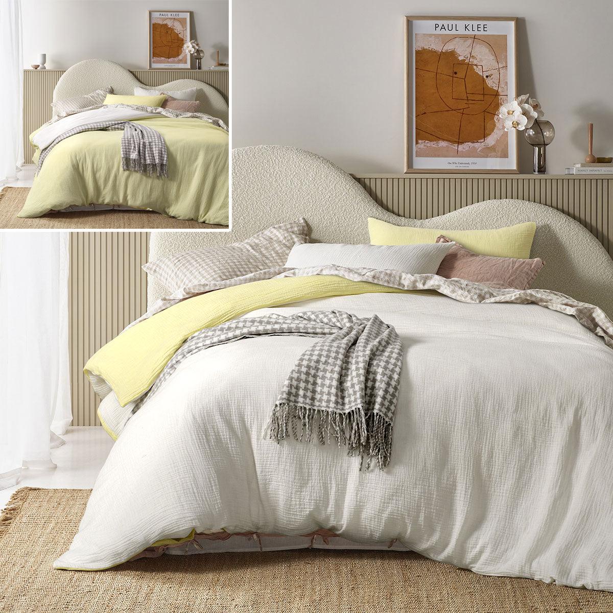 Vintage Design Homewares Hugo Reversible White Butter Cotton Gauze Quilt Cover Set Queen - Harrogates