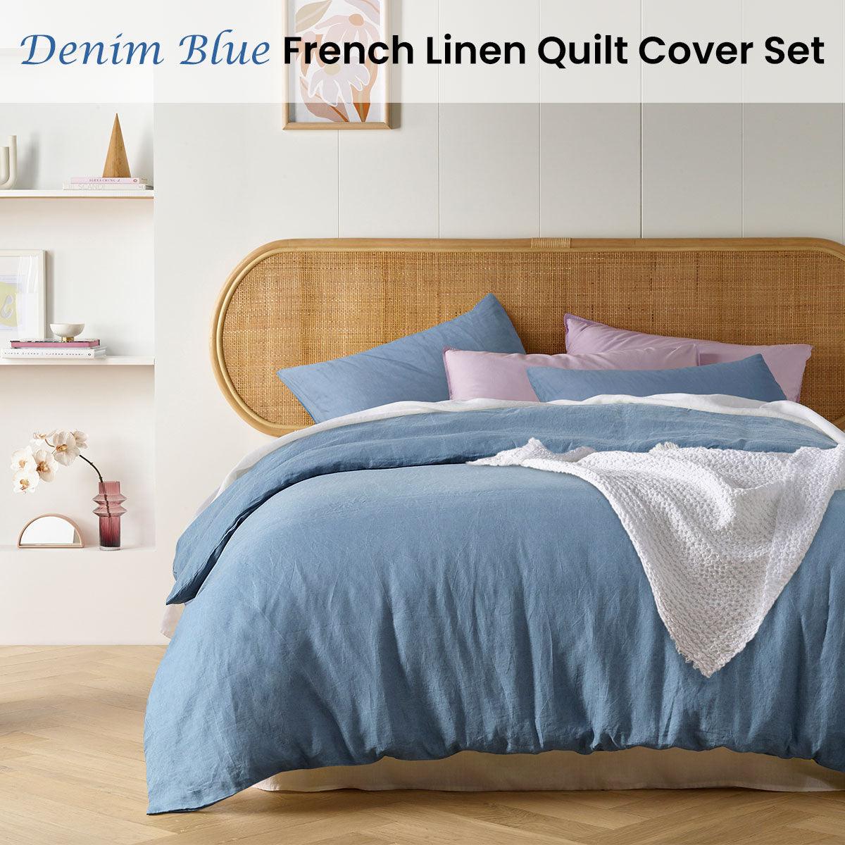 Vintage Design Homewares Denim Blue French Linen Quilt Cover Set King - Harrogates