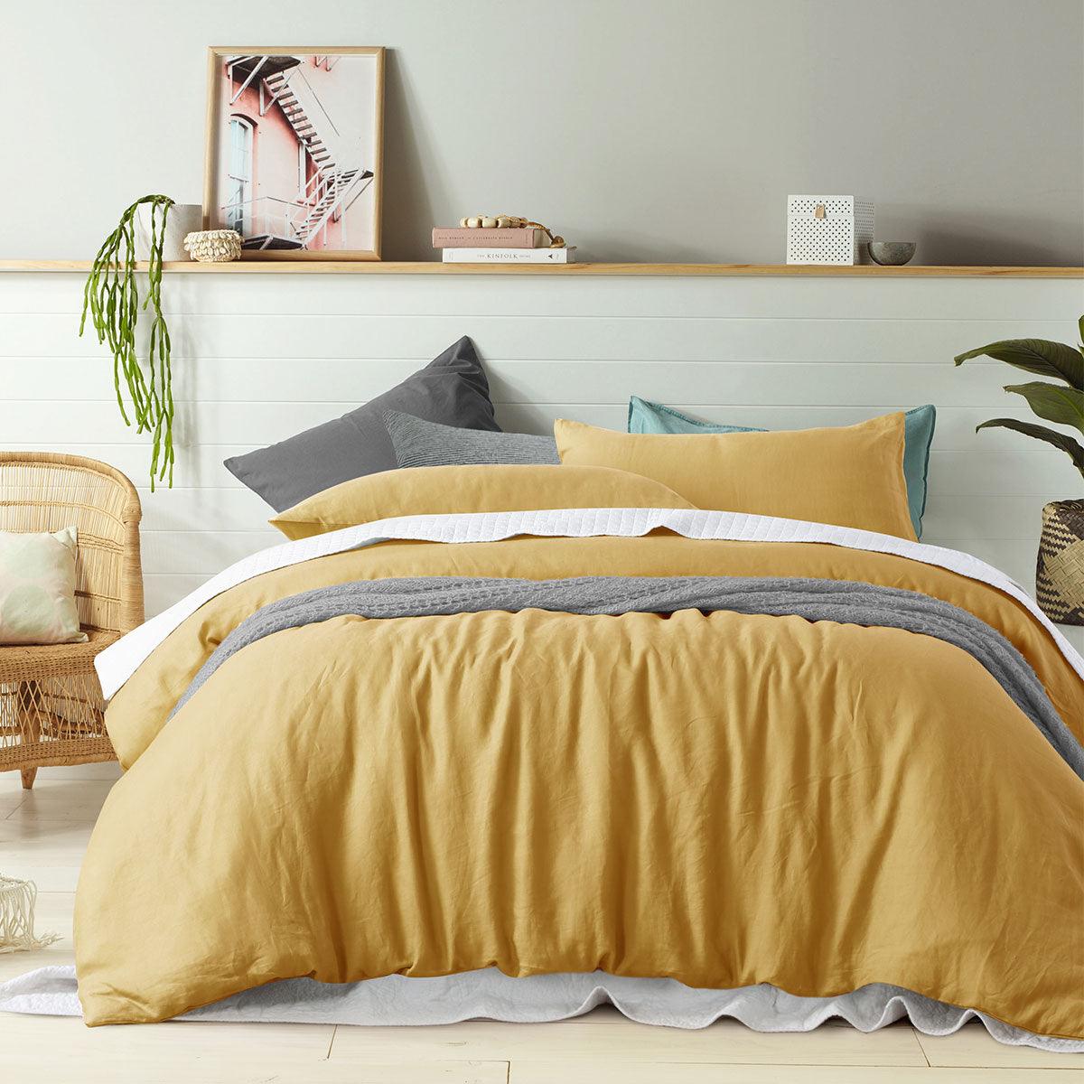 Vintage Design Homewares 100% Linen Ochre Quilt Cover Set Super King - Harrogates
