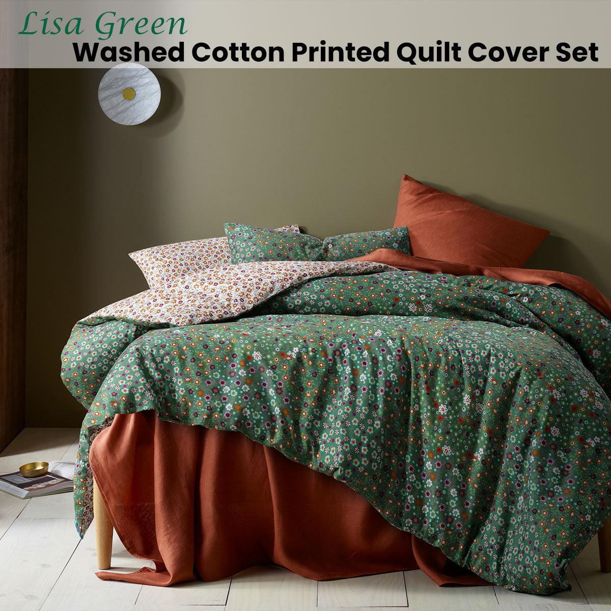 Accessorize Lisa Green Washed Cotton Printed Quilt Cover Set King - Harrogates