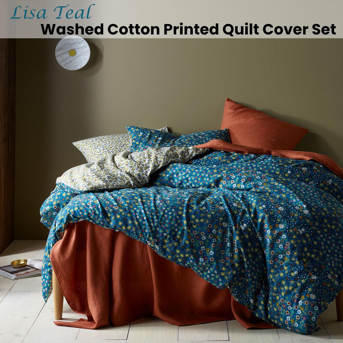 Accessorize Lisa Teal Washed Cotton Printed Quilt Cover Set King - Harrogates