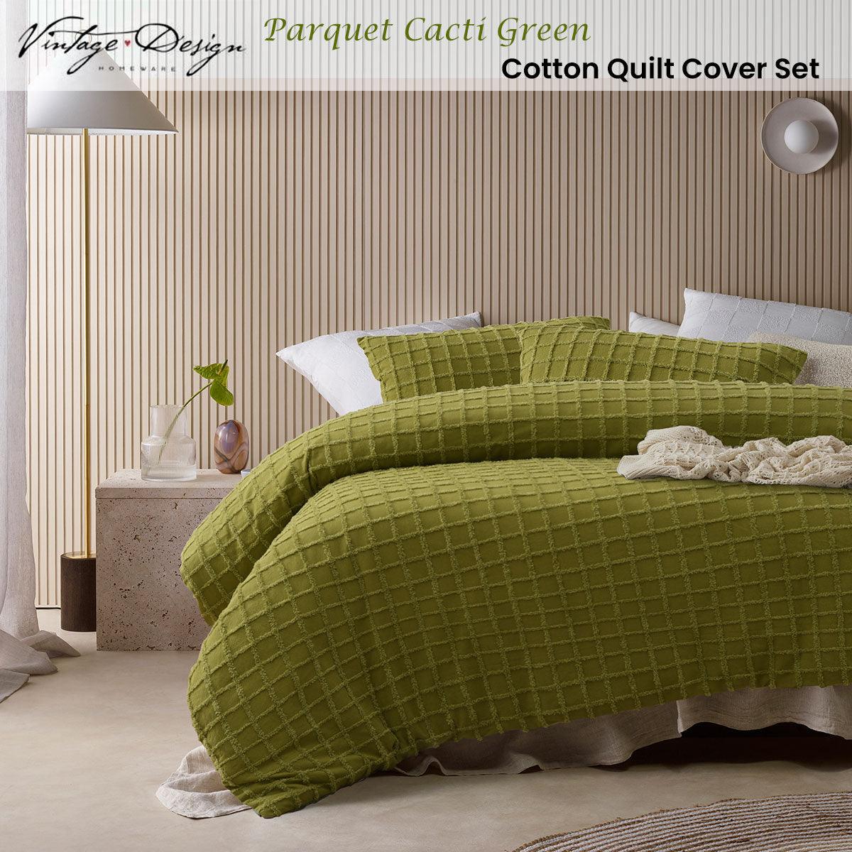Vintage Design Homewares Parquet Cacti Green Cotton Quilt Cover Set Double - Harrogates