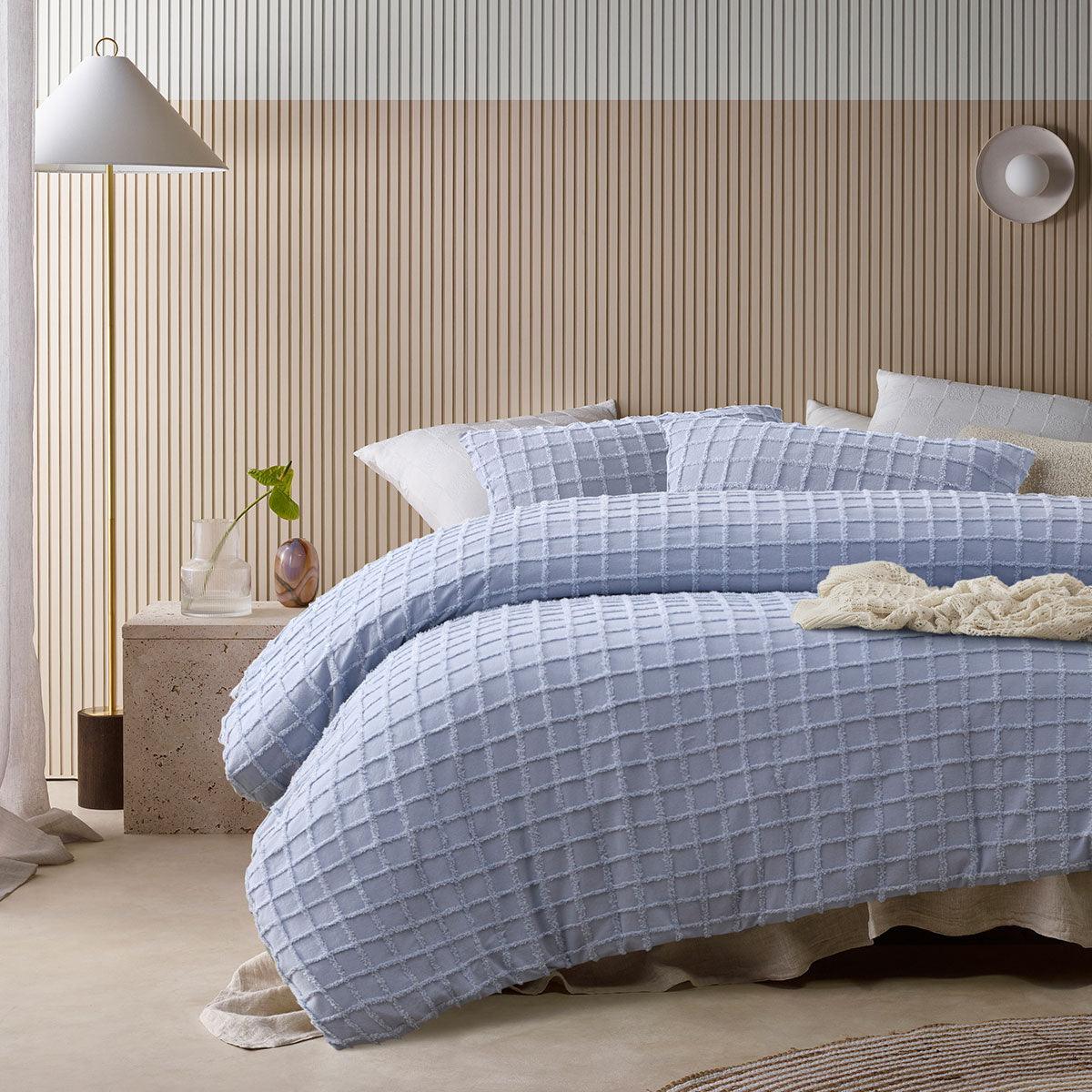 Vintage Design Homewares Parquet Snooze Blue Cotton Quilt Cover Set Queen - Harrogates