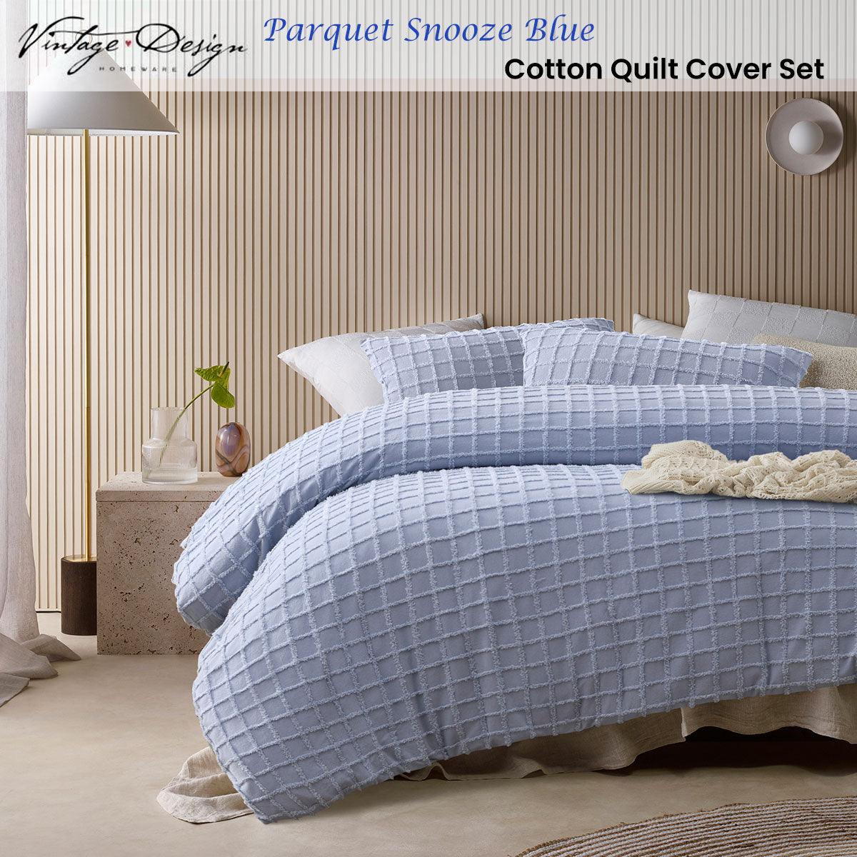 Vintage Design Homewares Parquet Snooze Blue Cotton Quilt Cover Set Queen - Harrogates