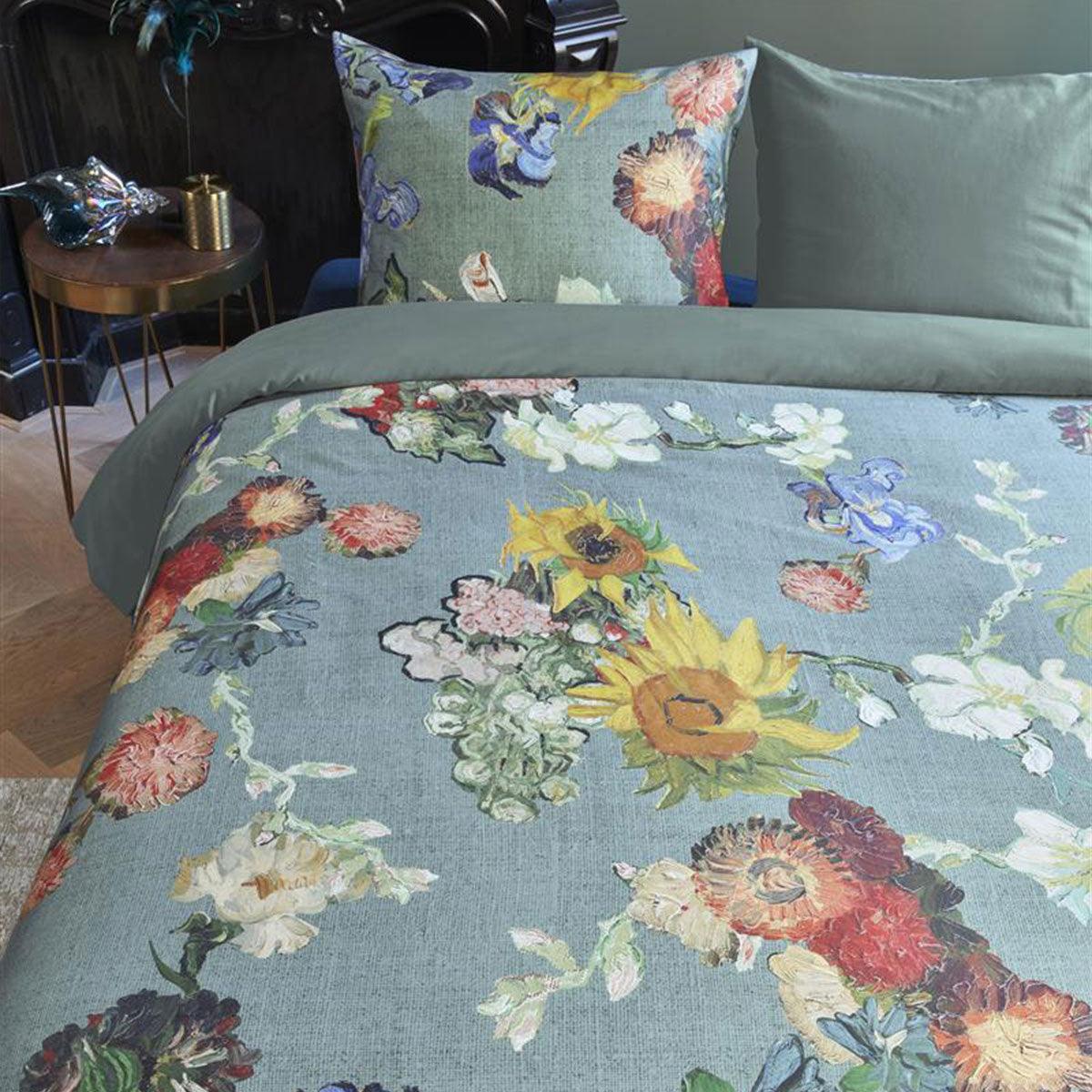 Bedding House Van Gogh Partout des Fleurs Green Cotton Sateen Quilt Cover Set King - Harrogates