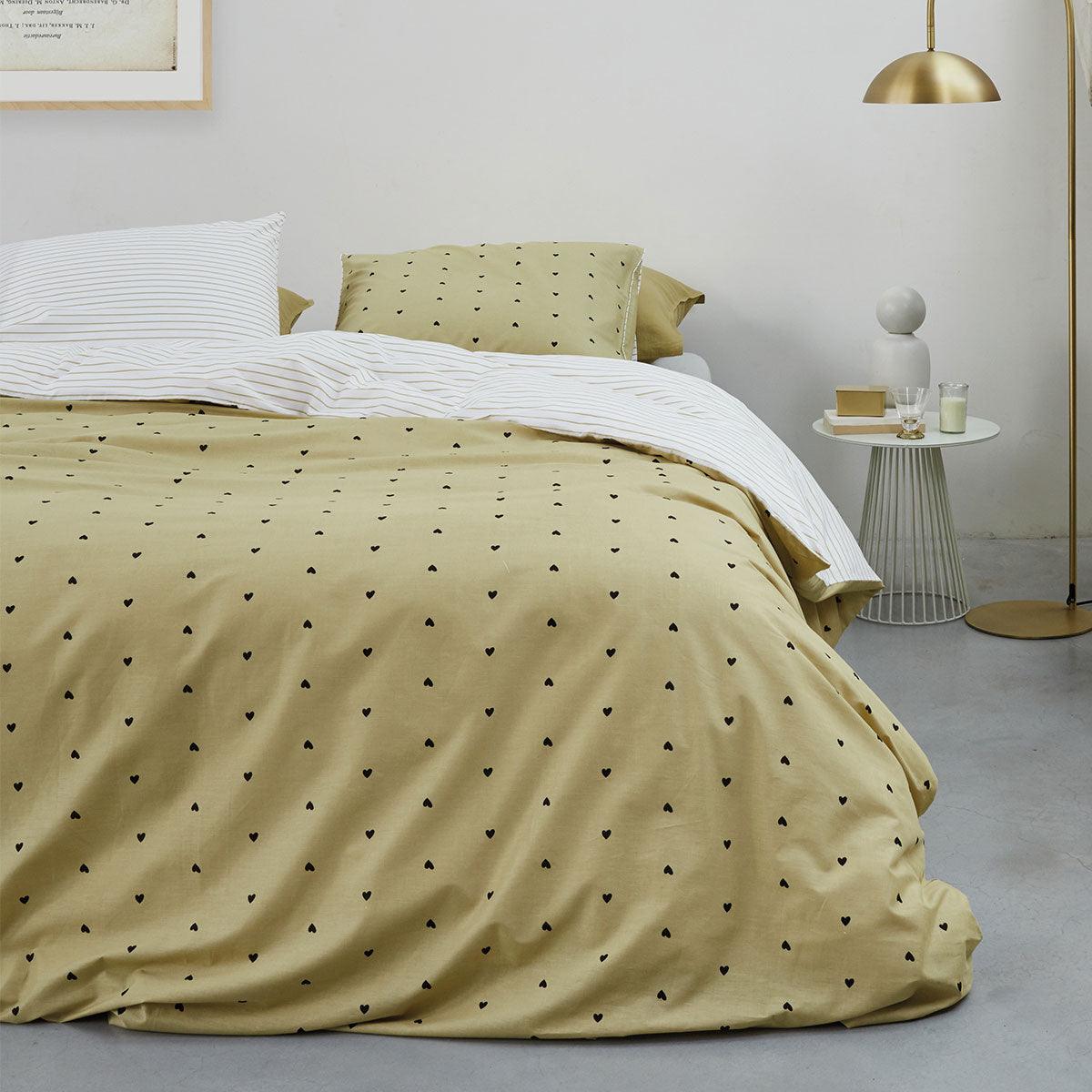 VTWonen Striped Hearts Yellow Cotton Quilt Cover Set Queen - Harrogates