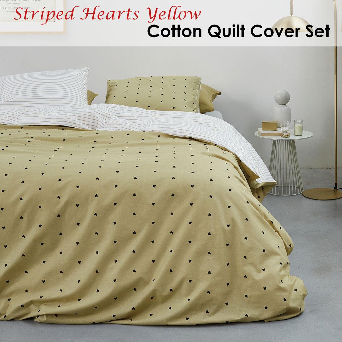 VTWonen Striped Hearts Yellow Cotton Quilt Cover Set Queen - Harrogates