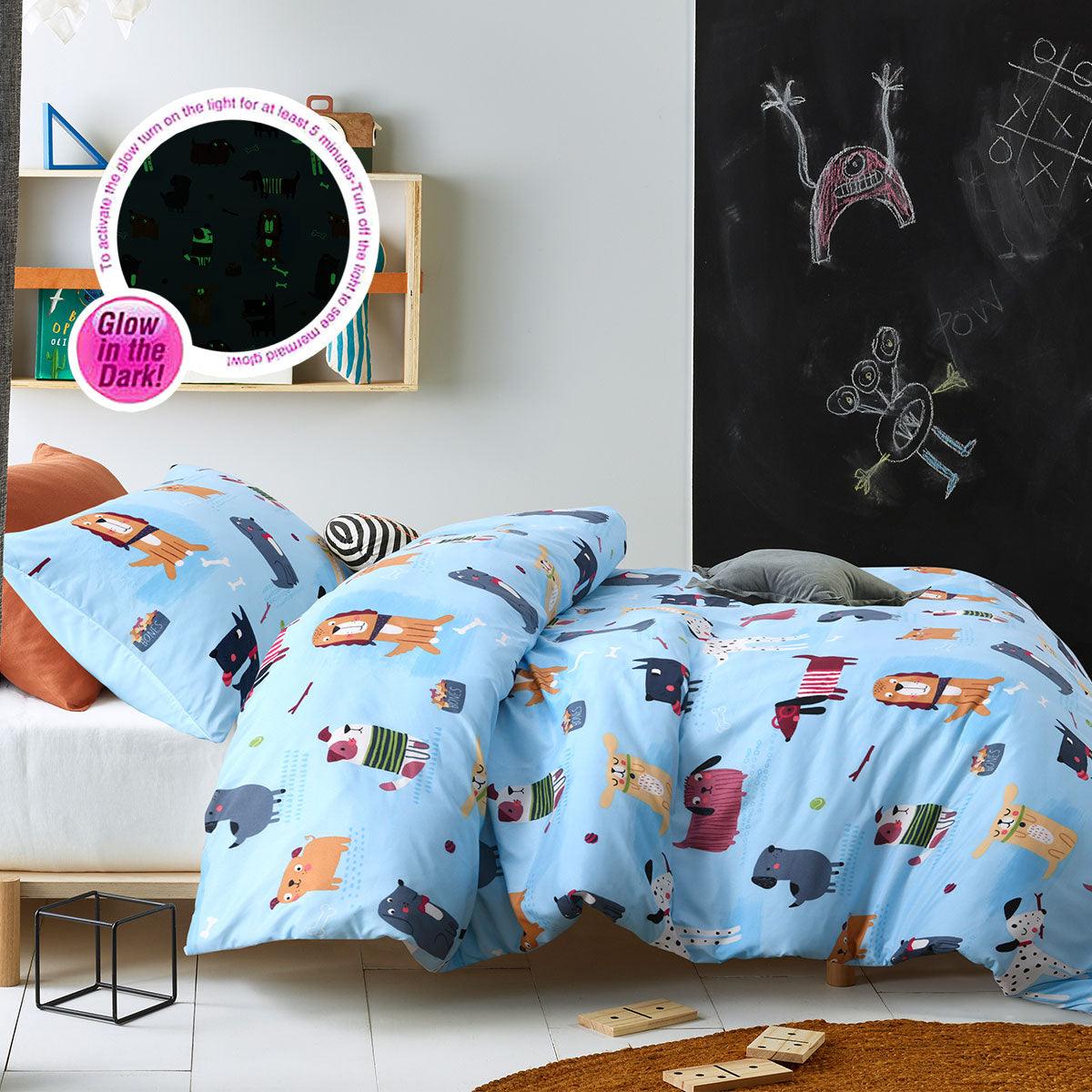 Happy Kids Woof Glow in the Dark Quilt Cover Set Single - Harrogates