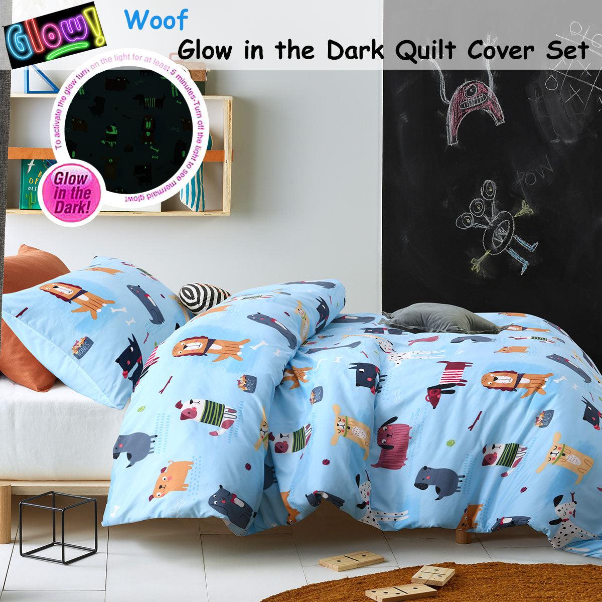Happy Kids Woof Glow in the Dark Quilt Cover Set Single - Harrogates