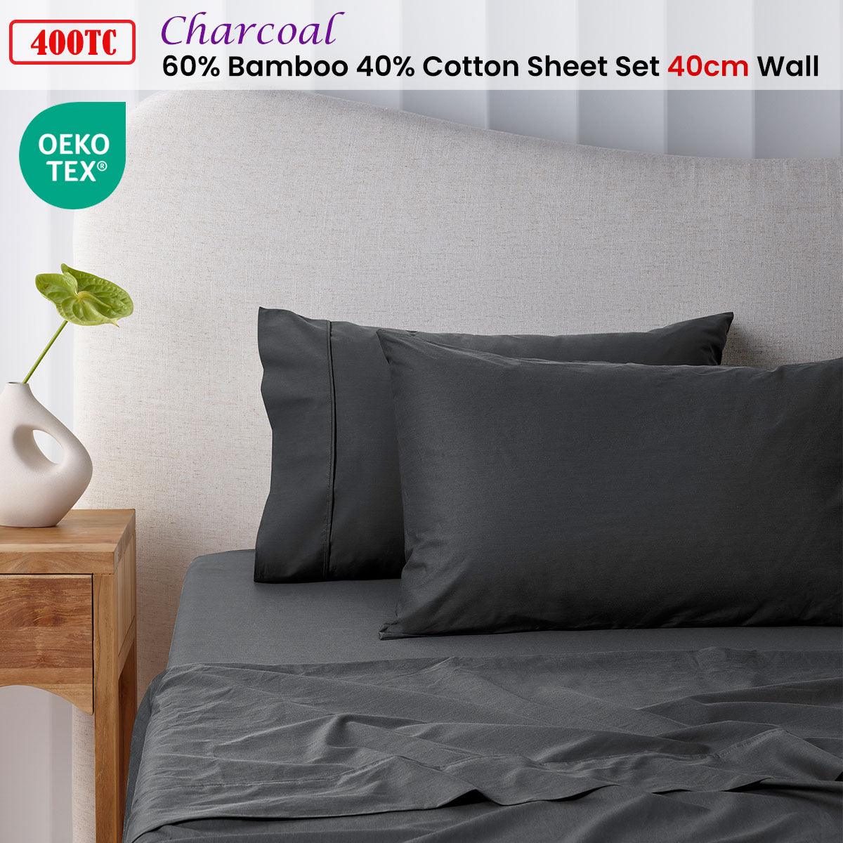 Accessorize 400TC Charcoal Bamboo Cotton Sheet Set 40cm Wall King Single - Harrogates