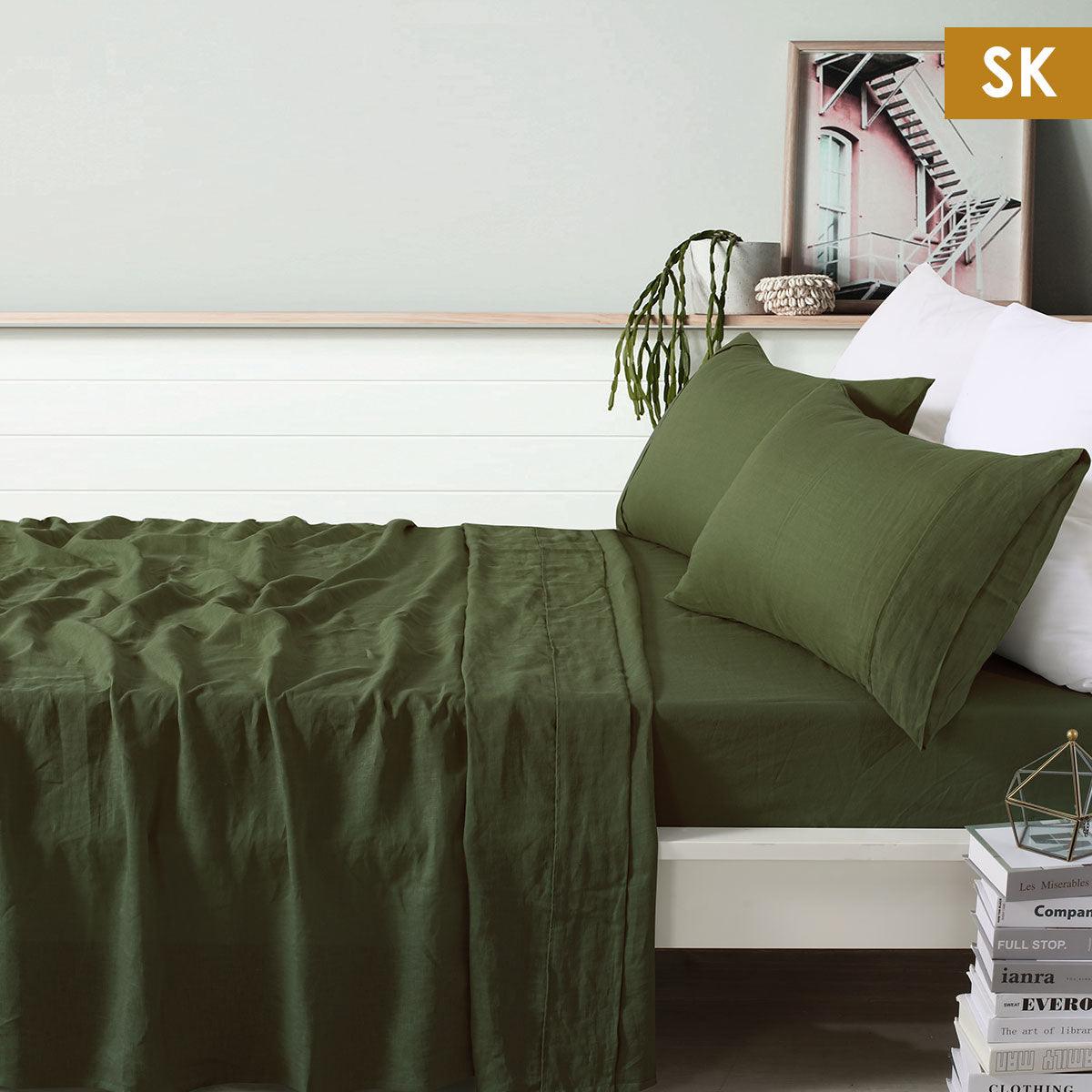 Vintage Design Homewares 100% Linen Olive Sheet Set Super King - Harrogates