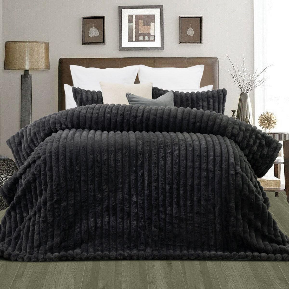 Jane Barrington Arna Charcoal 3 Pcs Channel Faux Bunny Fur Comforter Set Queen - Harrogates