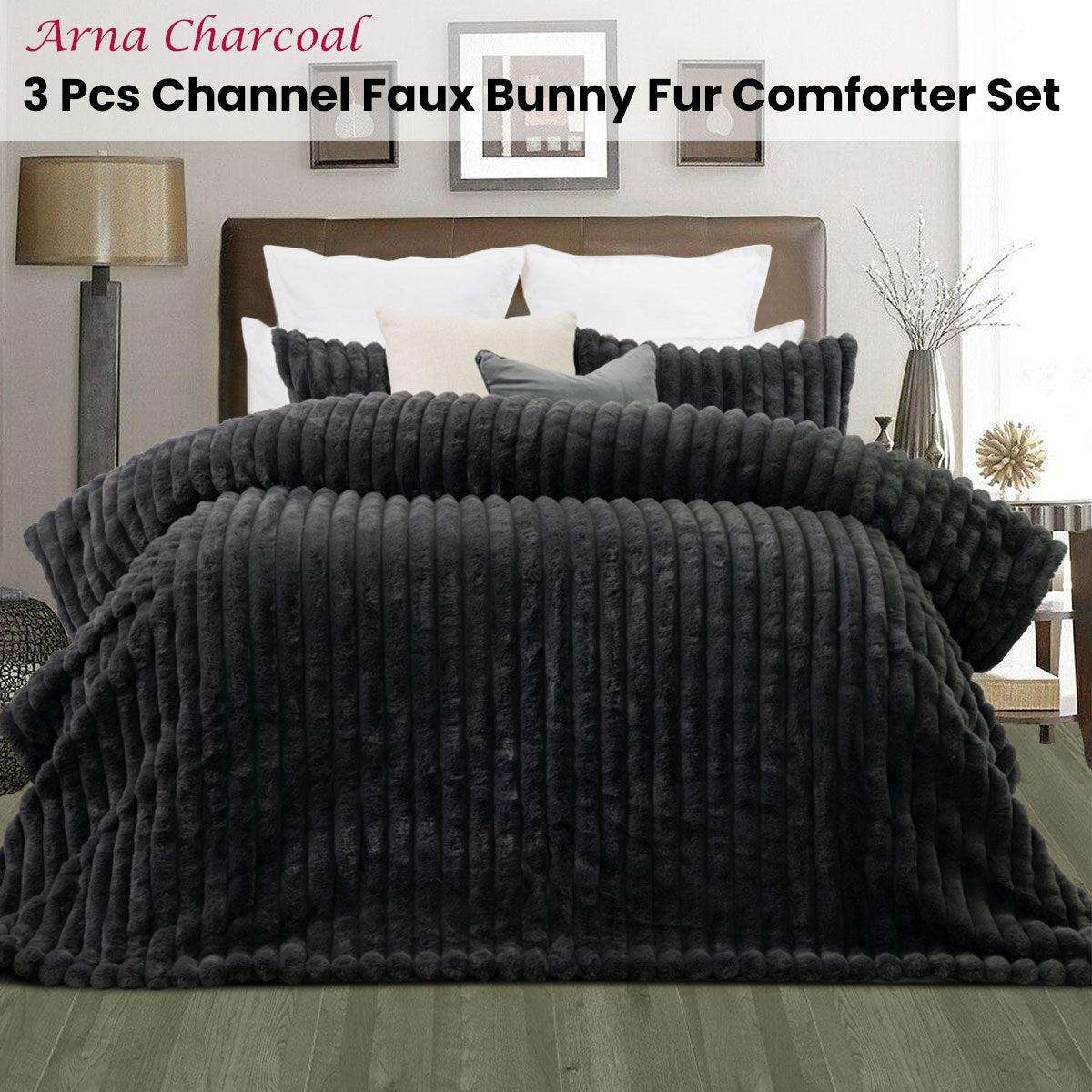Jane Barrington Arna Charcoal 3 Pcs Channel Faux Bunny Fur Comforter Set Queen - Harrogates