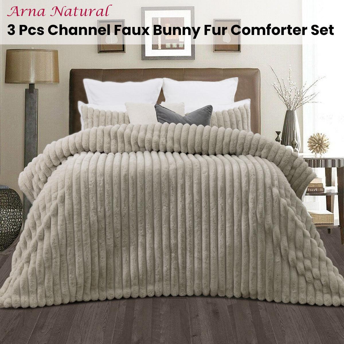Jane Barrington Arna Natural 3 Pcs Channel Faux Bunny Fur Comforter Set Queen - Harrogates