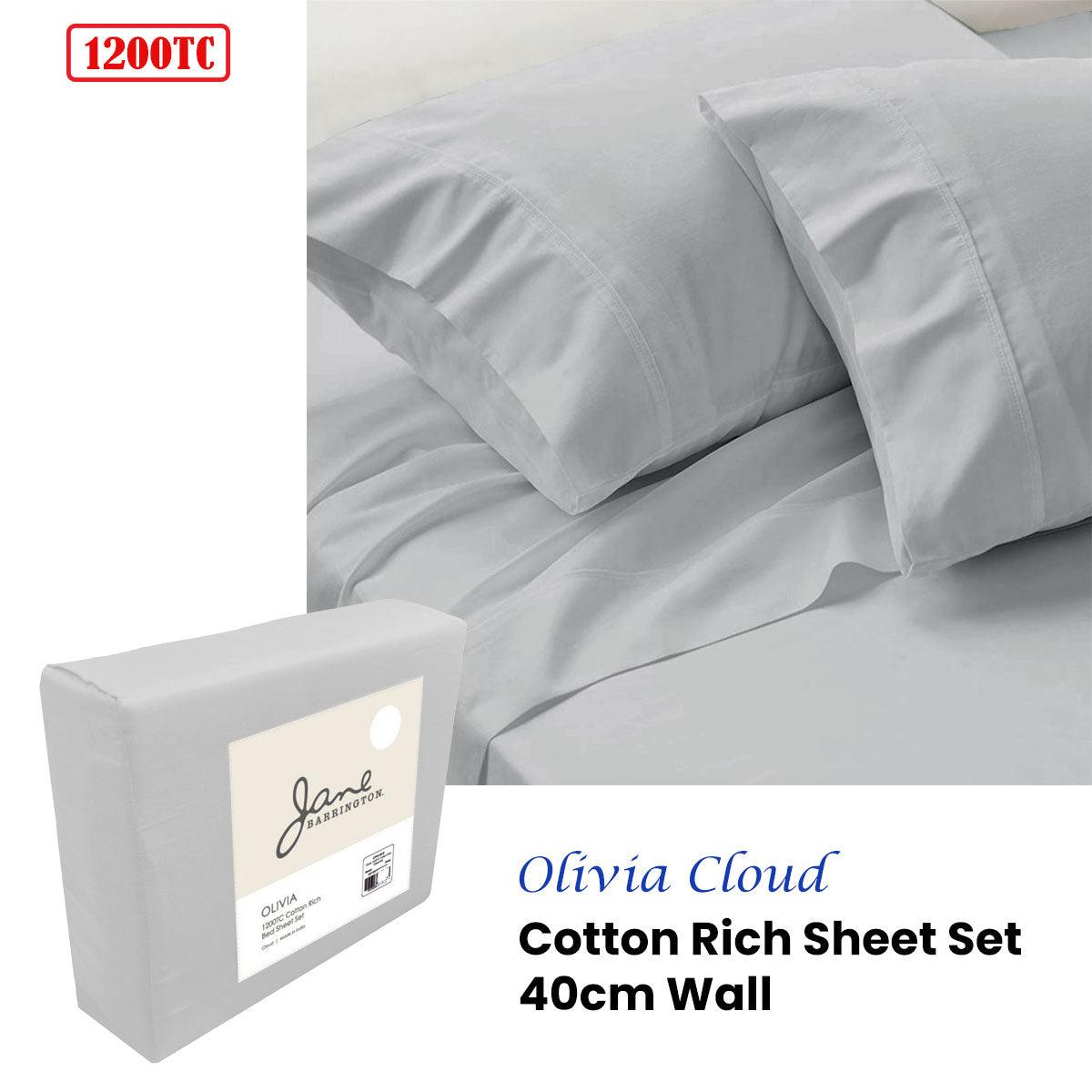 Light grey cotton rich sheet set with pillowcases, 1200 thread count, packaged and on bed