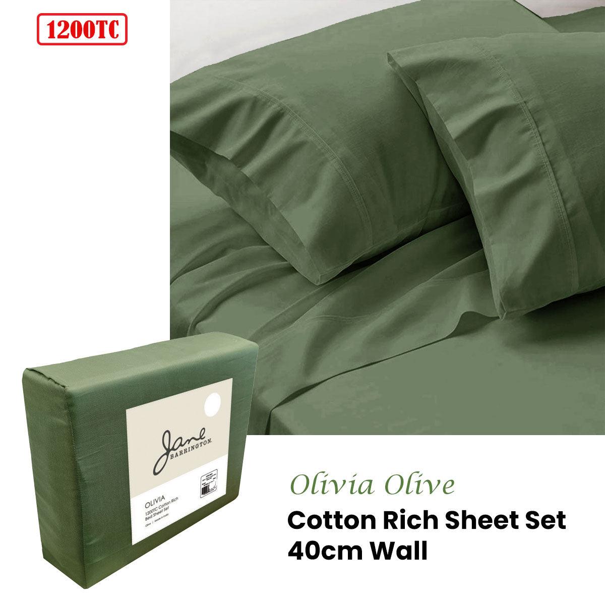 Olive green 1200 thread count cotton rich sheet set with pillowcases and packaging.