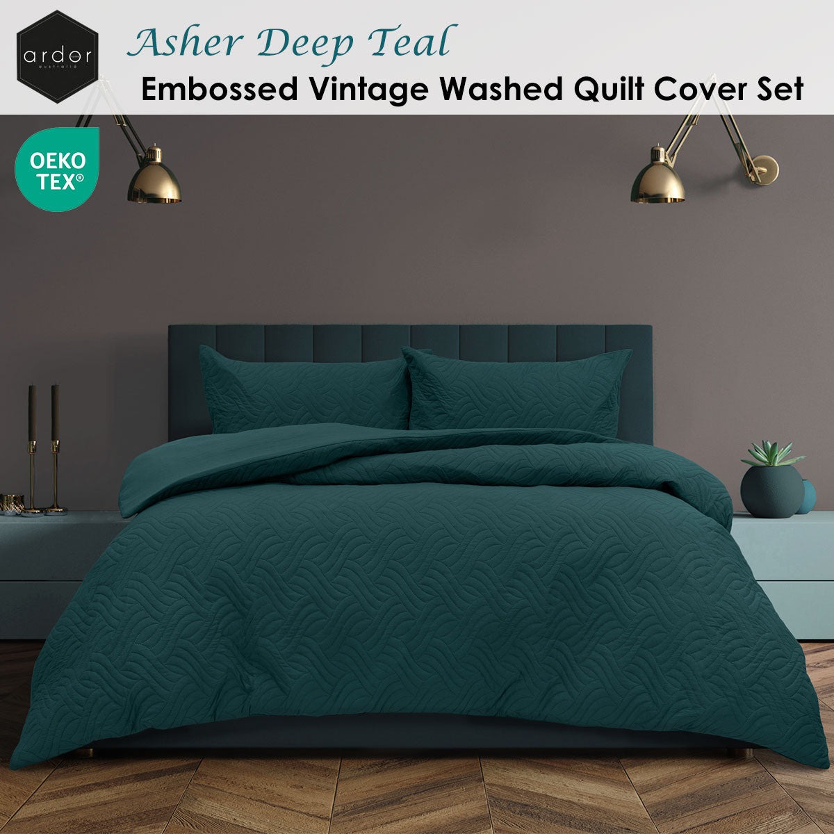 Ardor Asher Deep Teal Embossed Vintage Washed Quilt Cover Set Queen - Harrogates