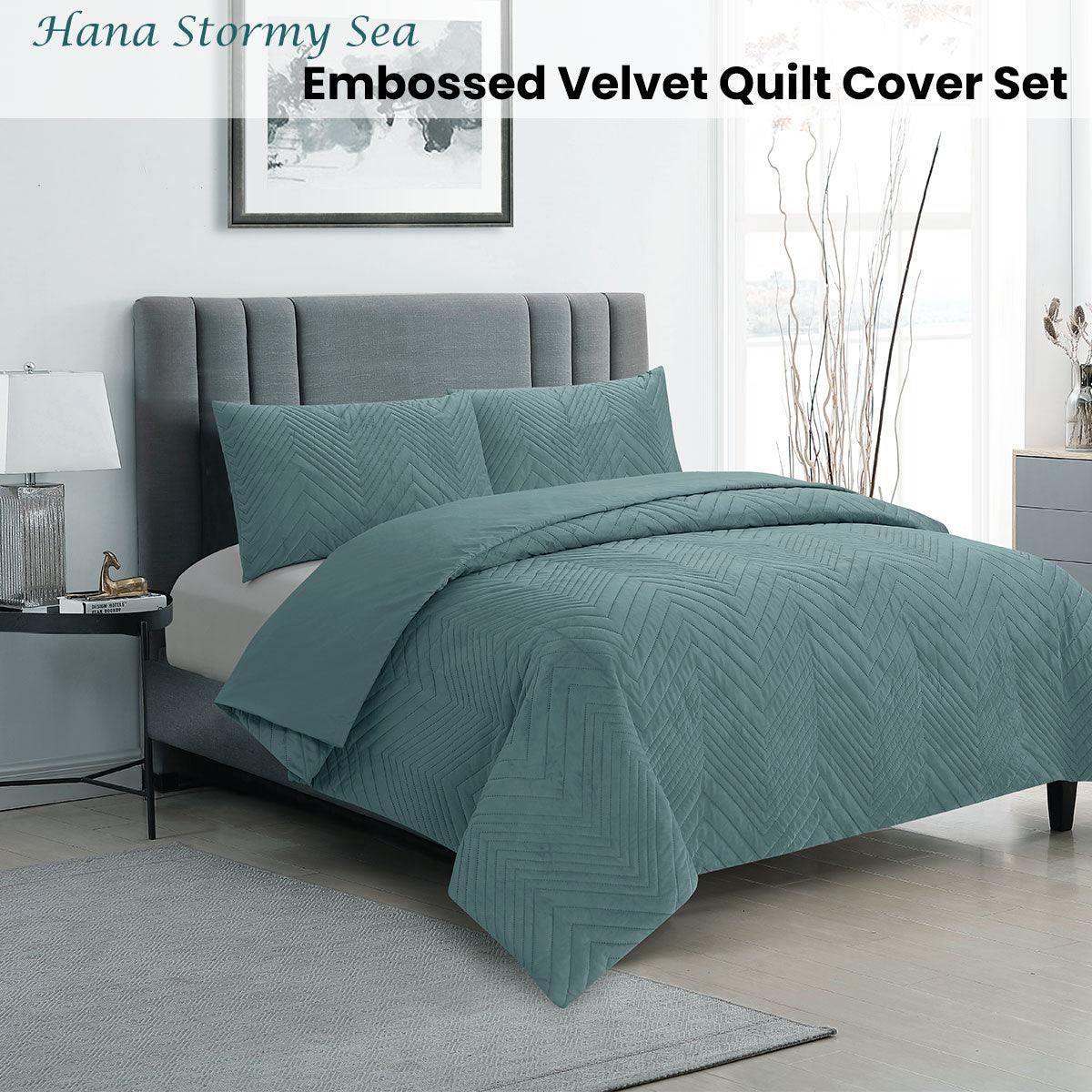 Ardor Hana Stormy Sea Embossed Velvet Quilt Cover Set Queen - Harrogates